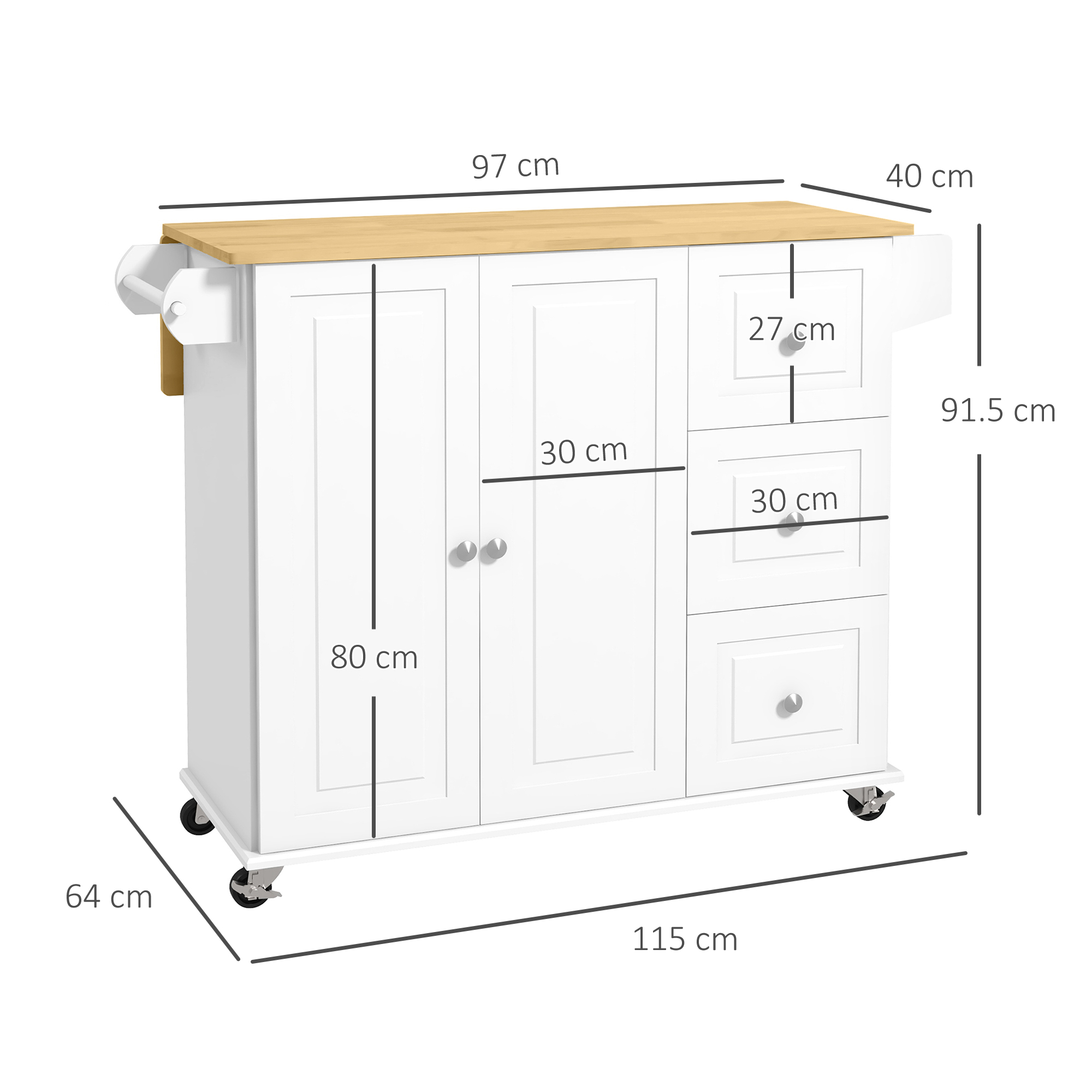 HOMCOM Kitchen Island with Drop Leaf, Rolling Kitchen Storage Trolley on Wheels with 3 Drawers, Spice Rack and Towel Rack, Storage Cart with Rubber Wood Top, White 3