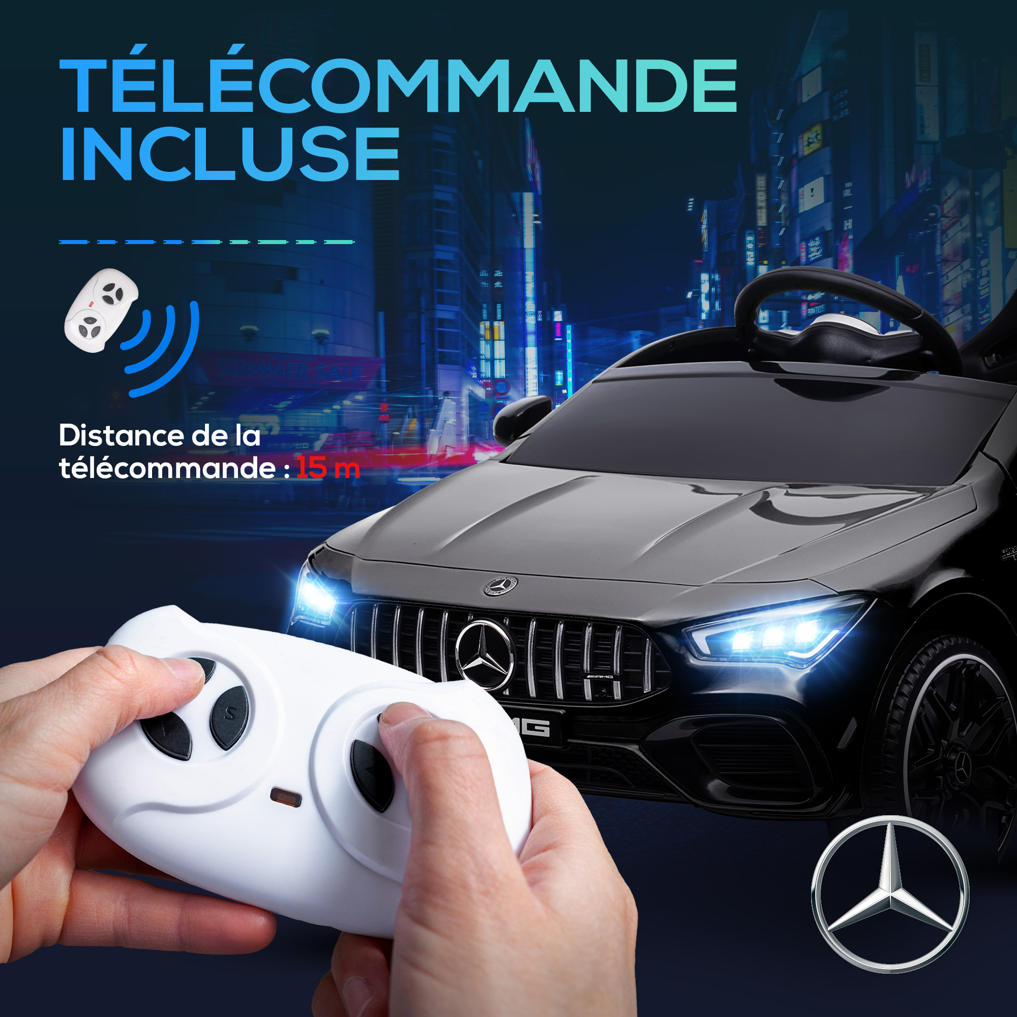 Voiture électrique enfant Mercedes-benz AMG CLA 45, télécommande, vitesse réglable (3-5 km/h), phare LED musique, noir