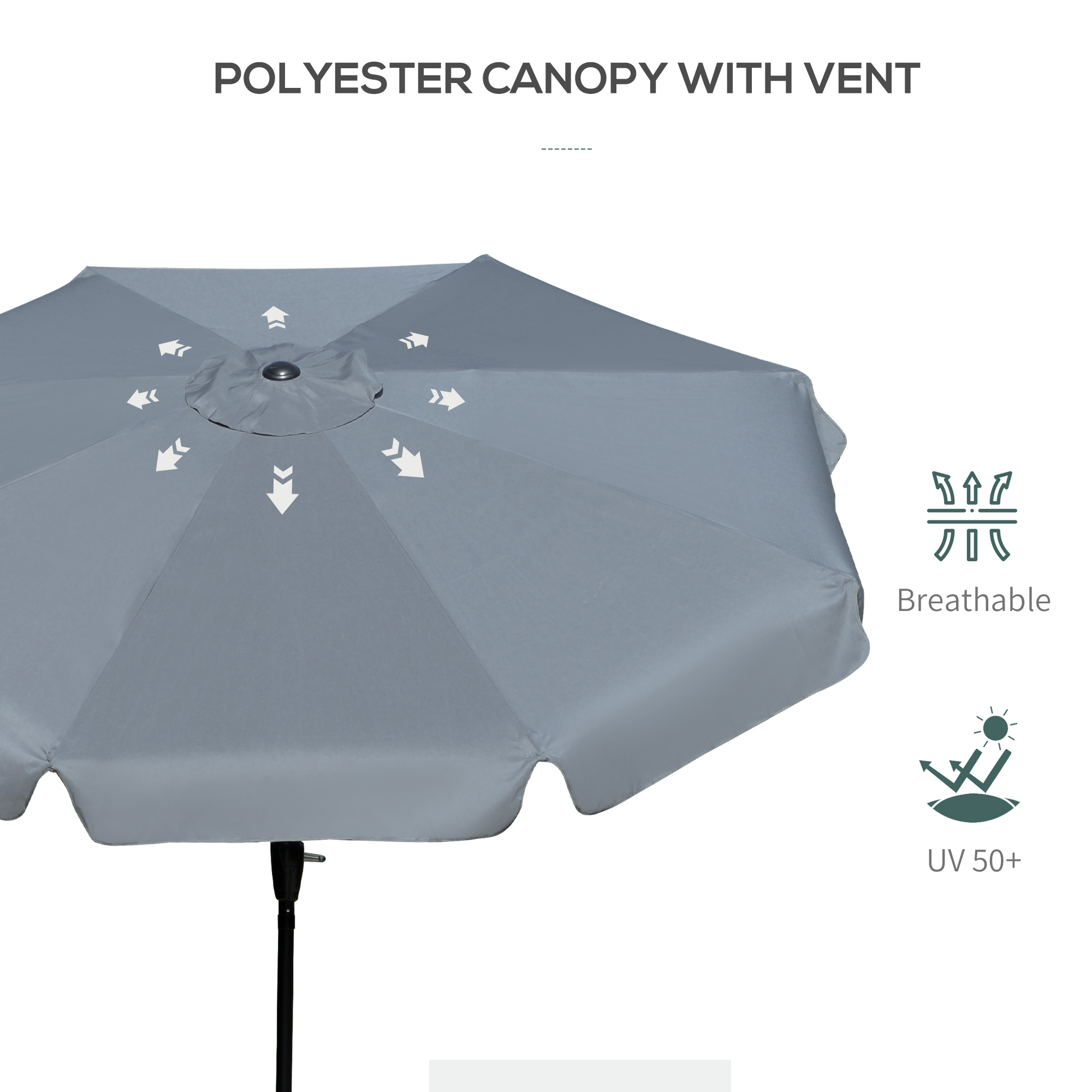 Outsunny 2.7m Patio Parasol Garden Umbrellas Outdoor Sun Shade Table Umbrella with Tilt, Crank, 8 Ribs, Ruffles, Grey 6