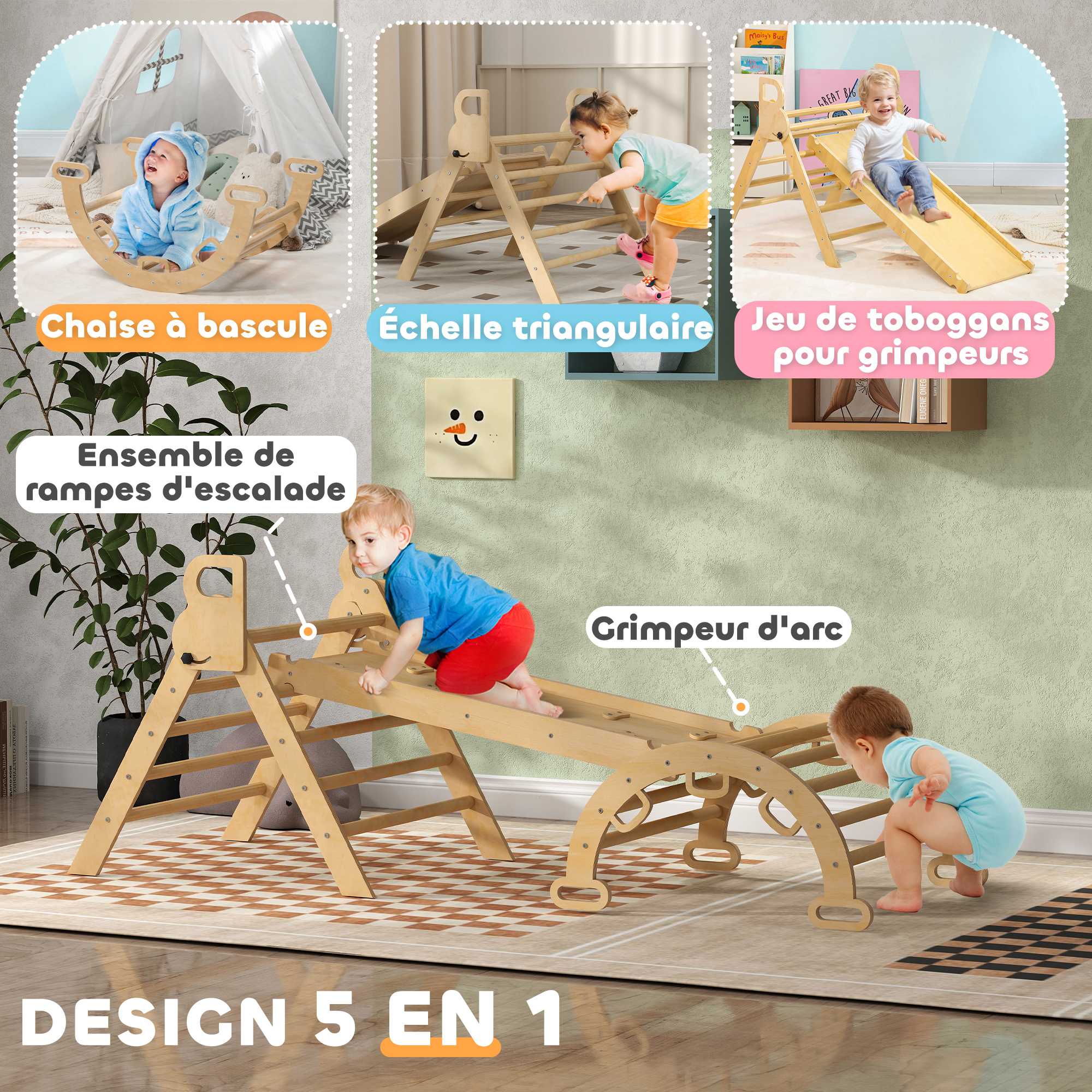 AIYAPLAY 5-en-1 Triangle D'Escalade Montessori – Avec Rampe Réversible, Toboggan, Bascule – Dès 18 Mois – Charge 50 Kg