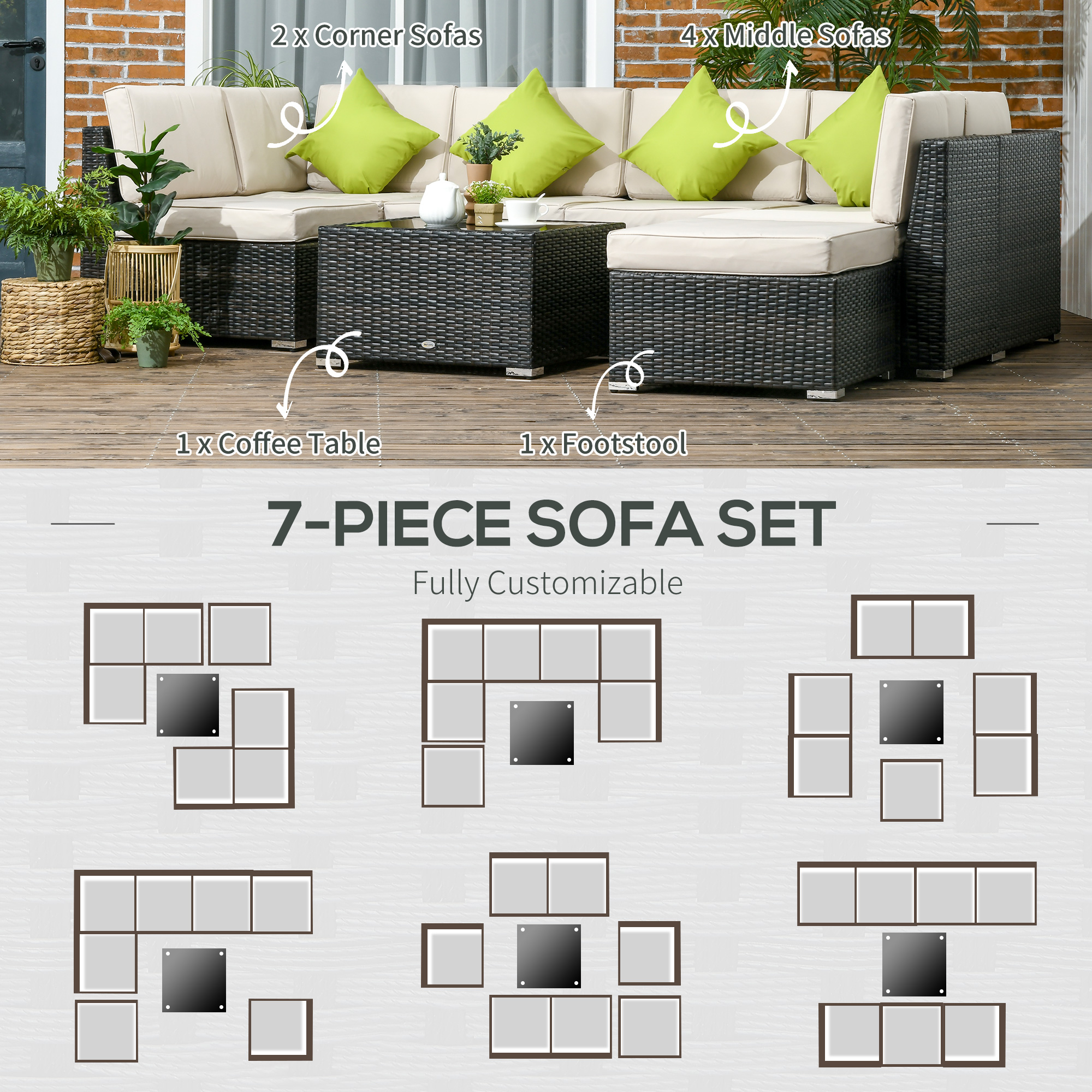 Outsunny 7-Seater PE Rattan Corner Sofa Set, Garden Furniture Set, Patio Wicker Sofa Seater w/ Cushion, Washable Cushion Cover & Tempered Glass Table, Brown 6