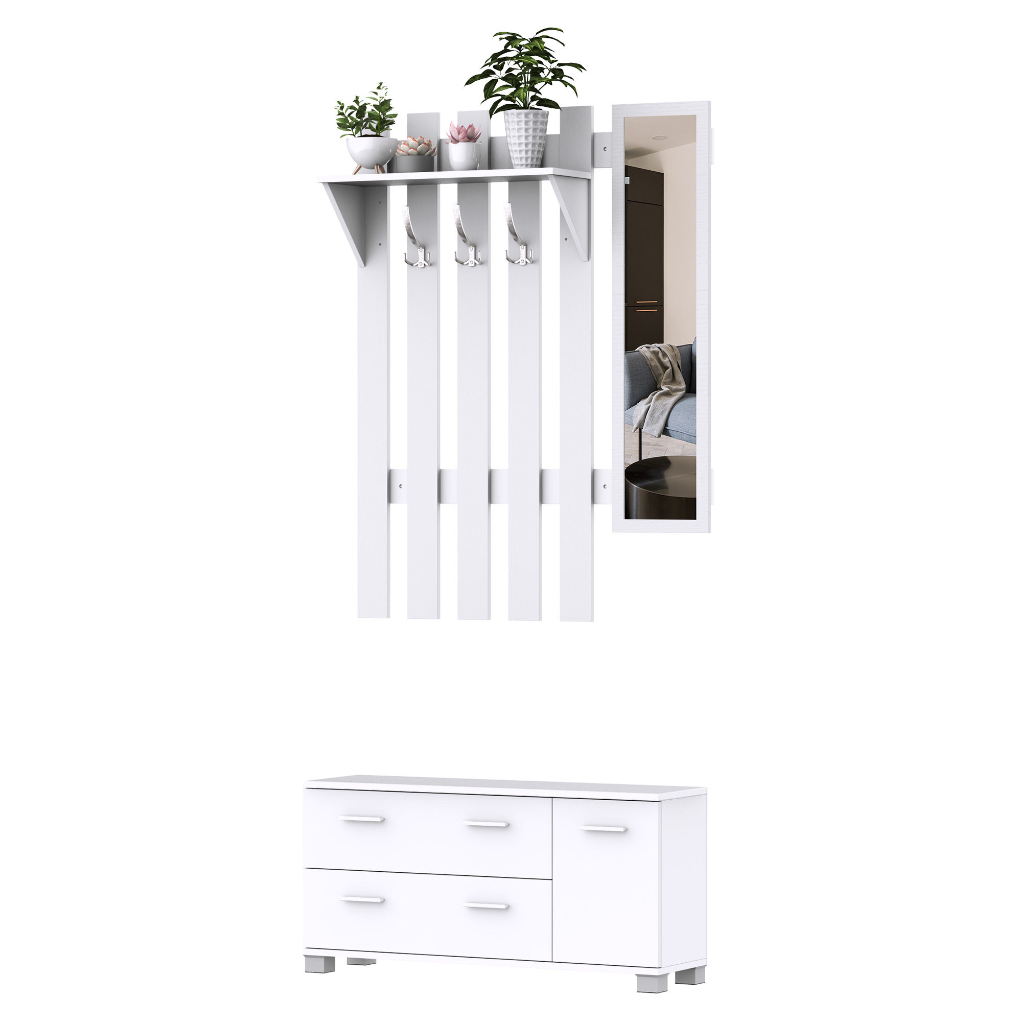 HOMCOM Conjunto de Recibidor de Entrada con Espejo Perchero Zapatero 3 Ganchos Estante y 2 Cajones para Pasillo Blanco