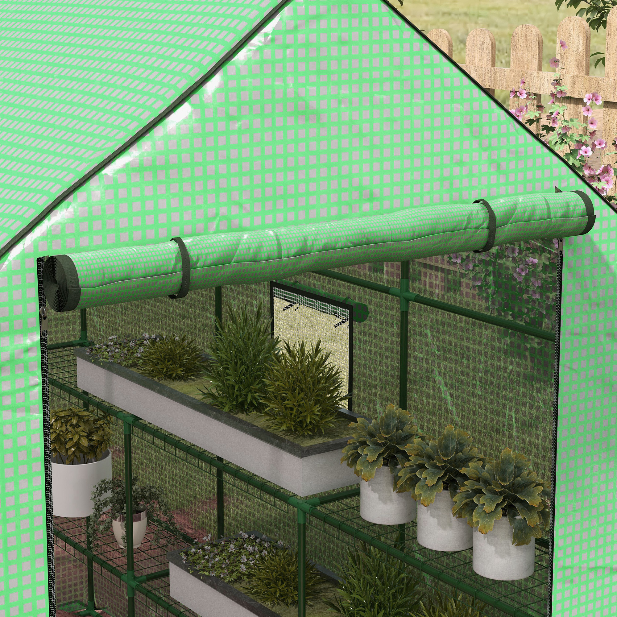 Outsunny Walk-in Greenhouse with 3 Tier 12 Shelves, Small Greenhouse with Reinforced PE Cover, Garden Plant Growhouse with Roll-up Door and Three Mesh Windows, 140 x 213 x 190 cm, Green 8