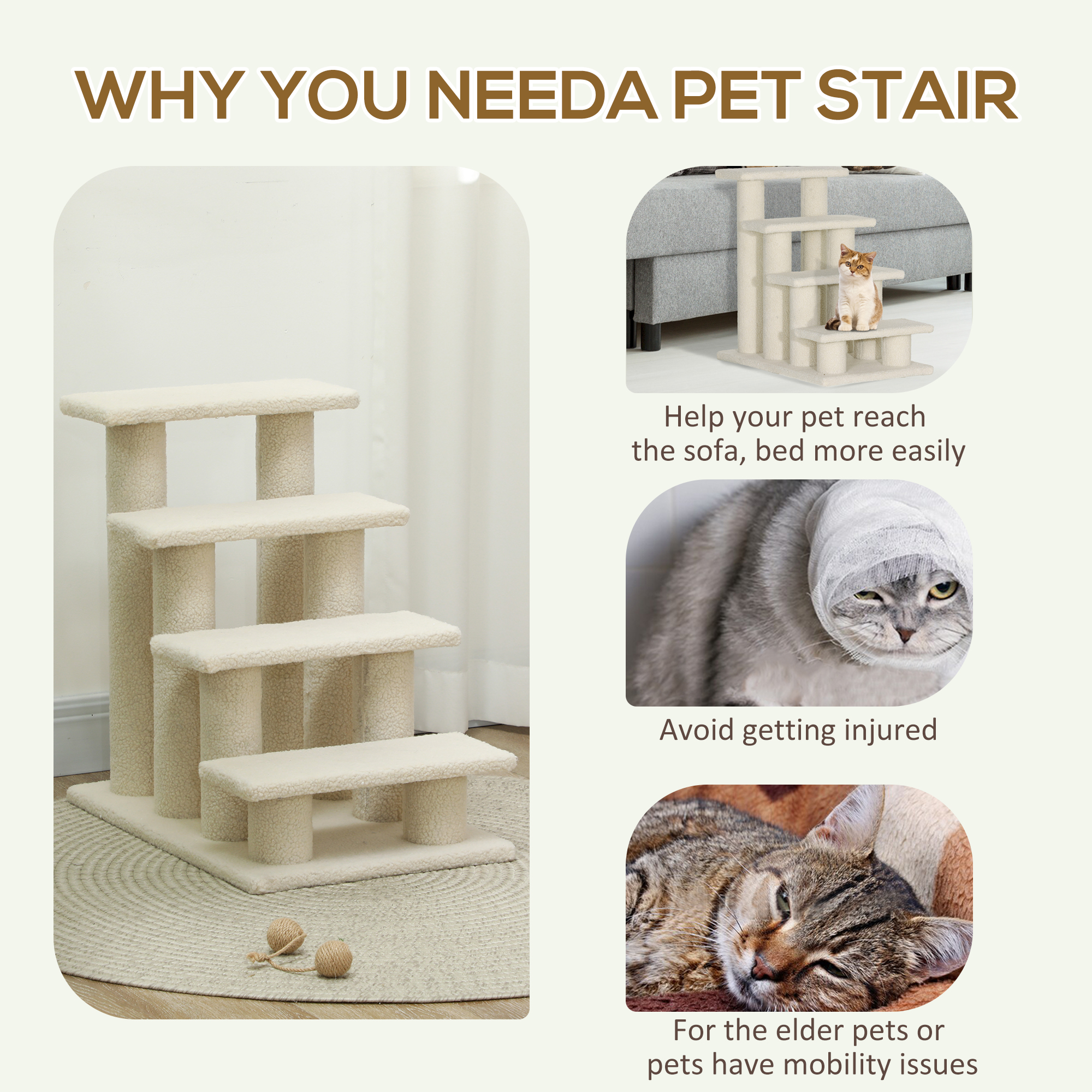 PawHut Dog Steps for Bed 4 Step Pet Stairs for Sofa Dog Cat Climb Ladder 63x43x60 cm Cream 5