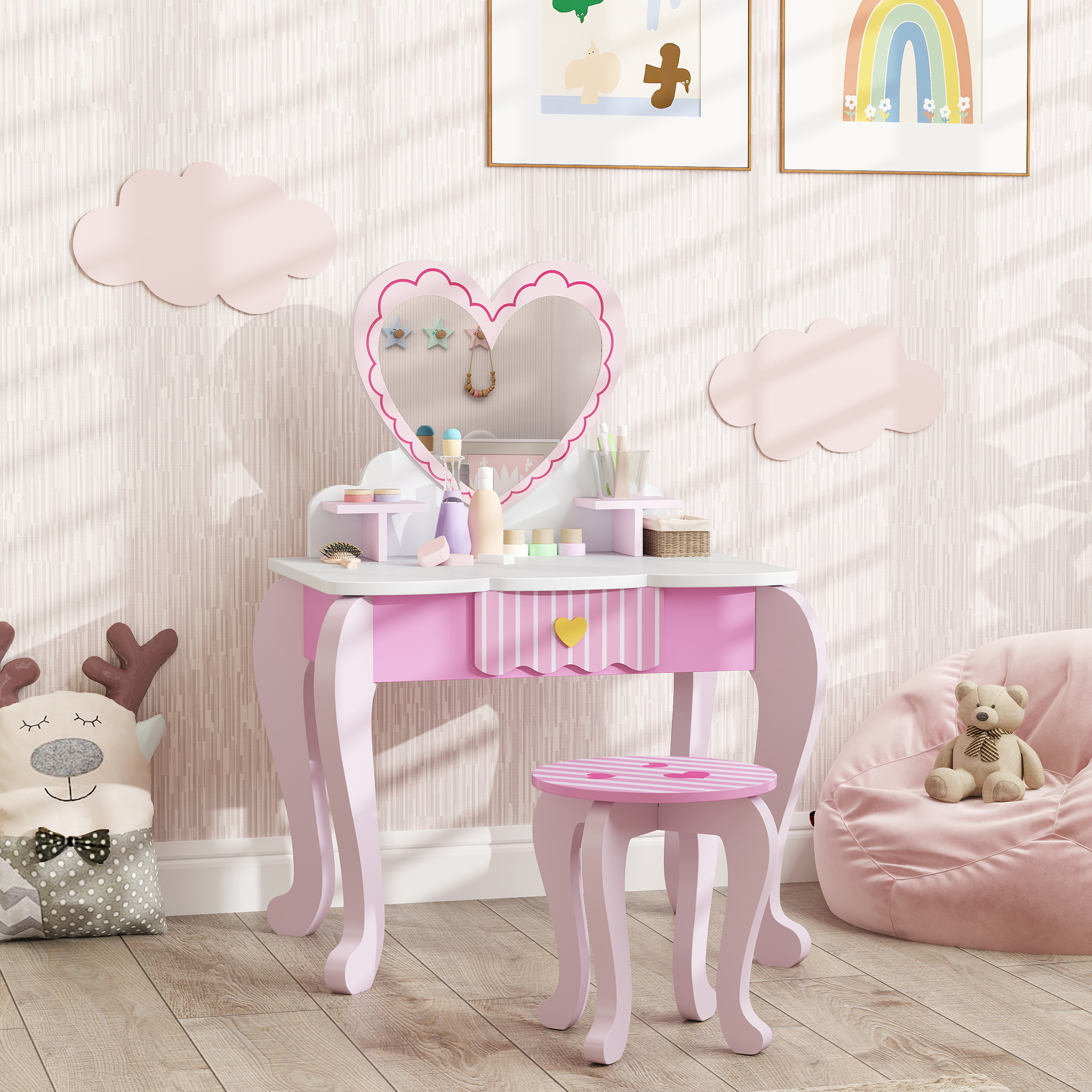 AIYAPLAY Kids Dressing Table Set, Vanity Table with Stool, Mirror, Drawer, Desktop Storage, Heart Theme, Pink 2