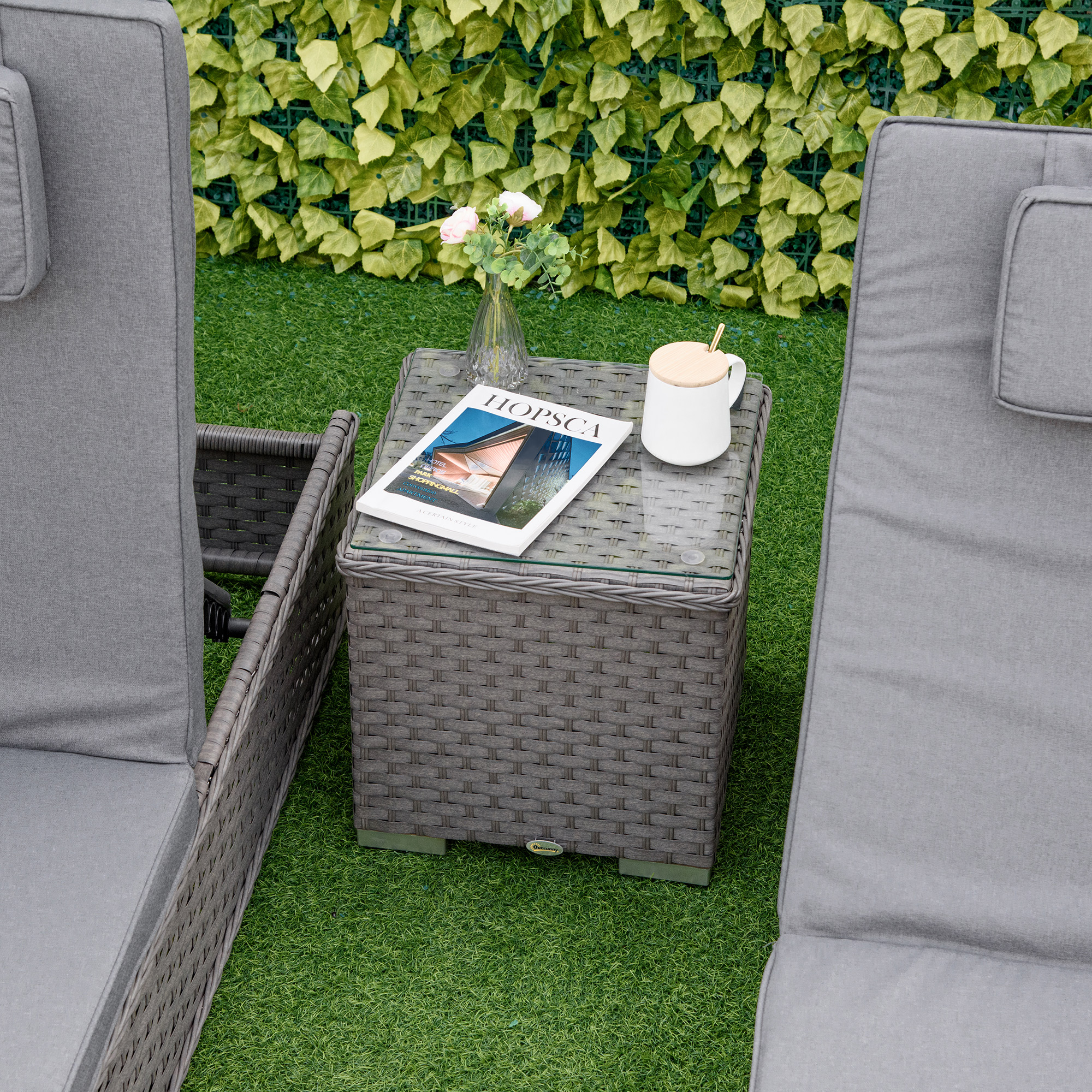 Outsunny 3 Pieces Rattan Sun Lounger Set with Aluminium Frame, 5-Position Adjustable Reclining Garden Chairs and Glass Top Table, Wicker Garden Furniture Daybed with Cushions for Patio, Grey 8