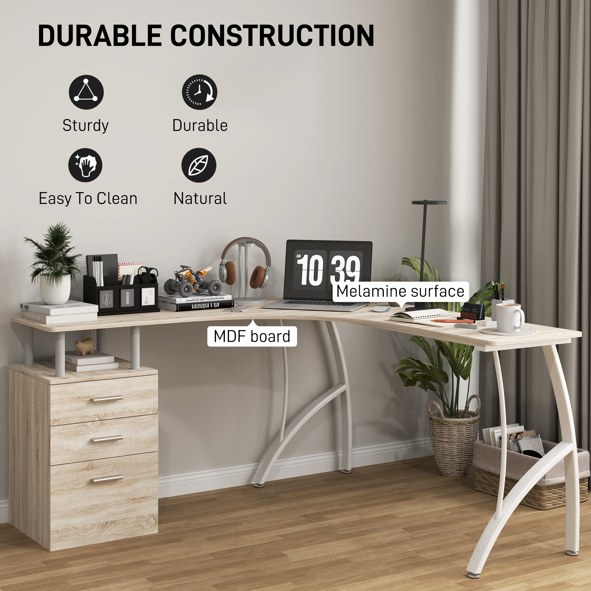 HOMCOM L-Shaped Computer Desk Table with Storage Drawer, Home Office Desk Corner Industrial Style Workstation for A4 Files 143.5 x 143.5 x 76cm, Oak 6