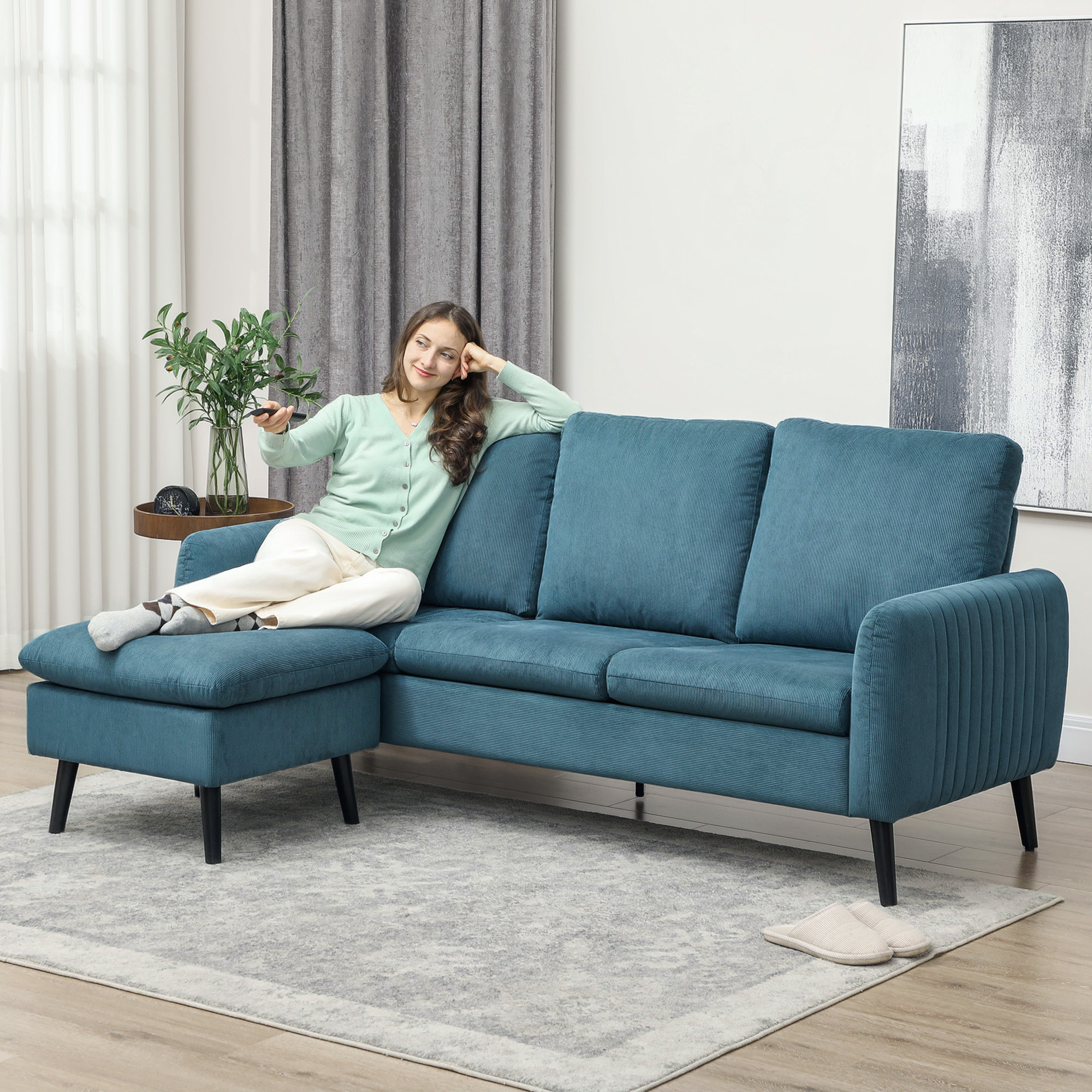 HOMCOM 3 Seater Sofa with Ottoman, 196cm Corduroy L-shaped Sofa Couch with Scatter Back, Reversible Chaise Lounge for Living Room, Home Office, Small Spaces, Blue 2