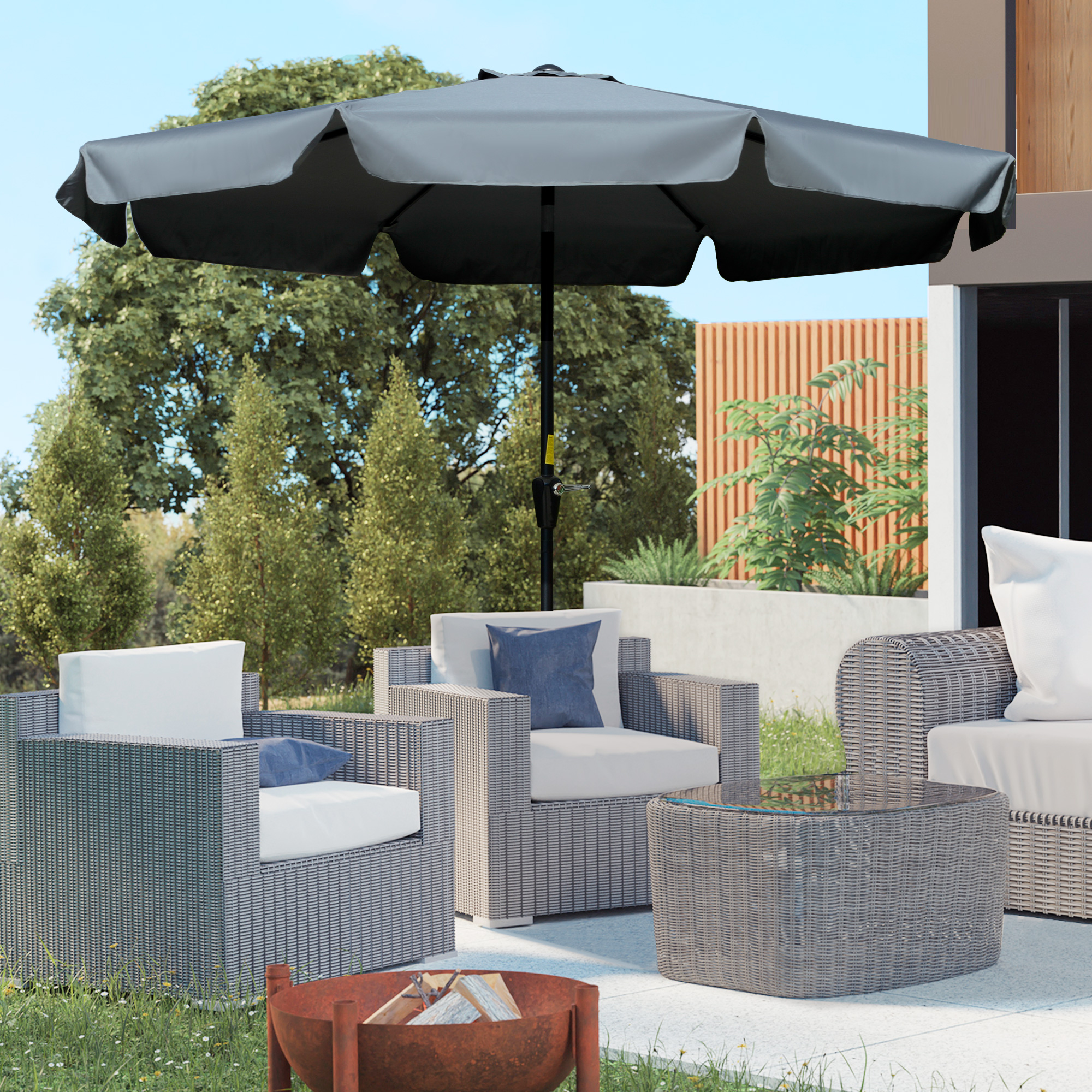 Outsunny 2.7m Patio Parasol Garden Umbrellas Outdoor Sun Shade Table Umbrella with Tilt, Crank, 8 Ribs, Ruffles, Grey 2