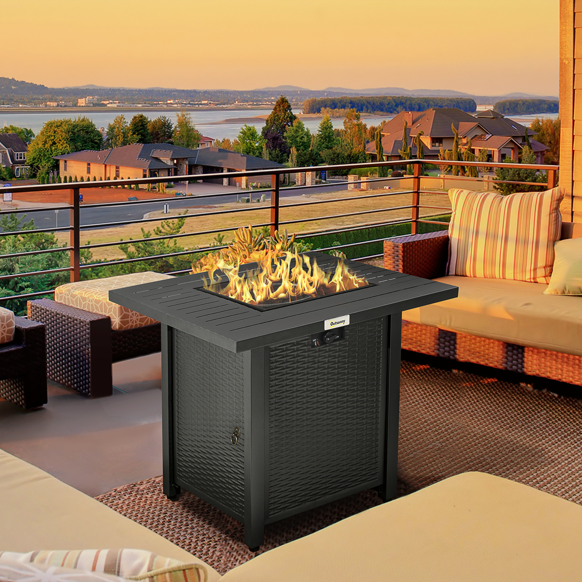 Outsunny Rattan-style Propane Gas Fire Pit Table with 40,000 BTU Burner, Square Smokeless Firepit Patio Heater with Thermocouple, Lava Rocks, Waterproof Cover, Spark Guard and Lid, Black 2