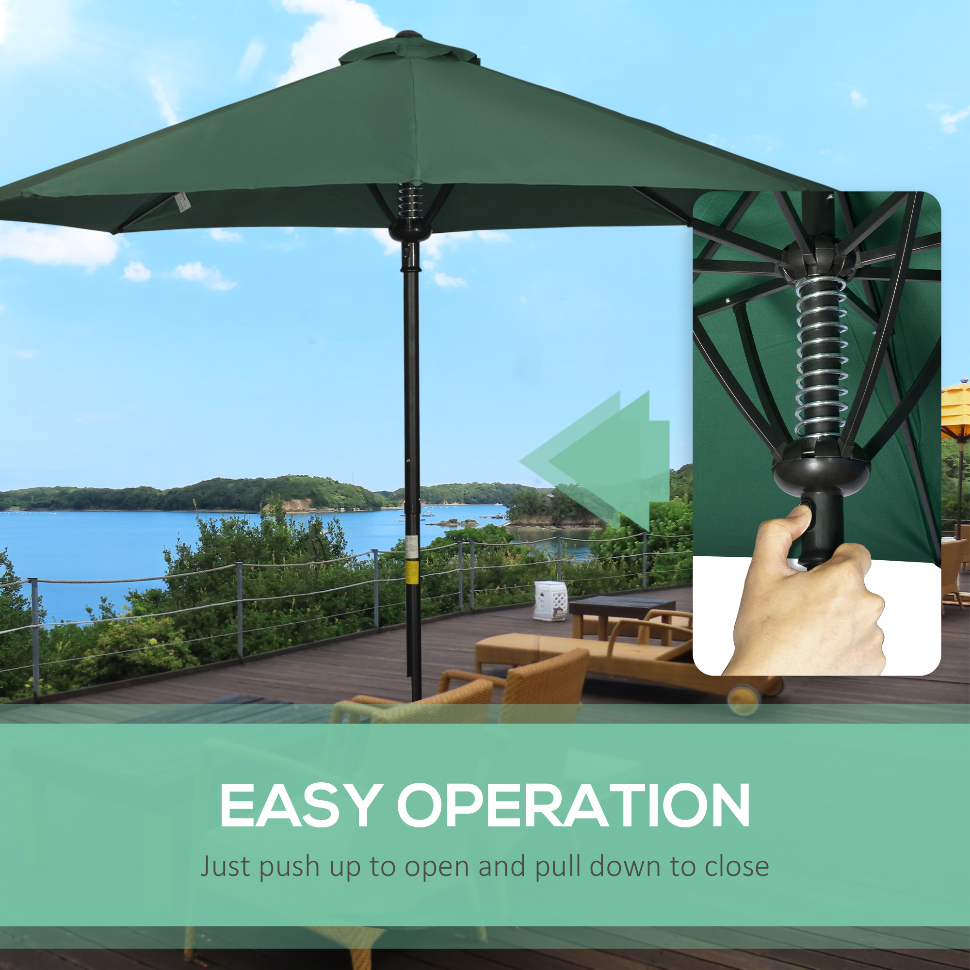 Outsunny Garden 3 m Parasol Umbrella, Outdoor Market Table Umbrella Sun Shade Canopy with 8 Ribs, Easy Push to Open, Green 5