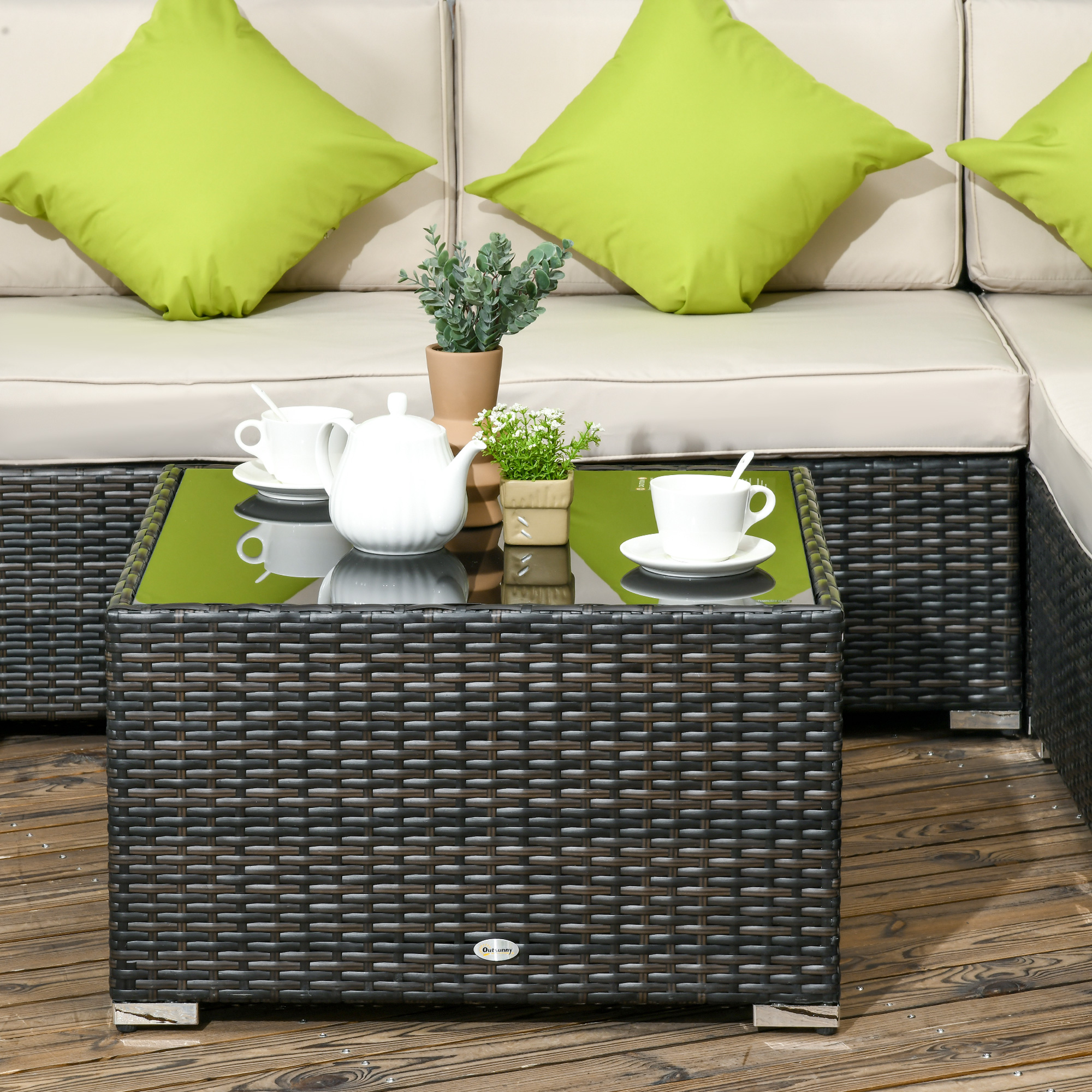 Outsunny 7-Seater PE Rattan Corner Sofa Set, Garden Furniture Set, Patio Wicker Sofa Seater w/ Cushion, Washable Cushion Cover & Tempered Glass Table, Brown 9
