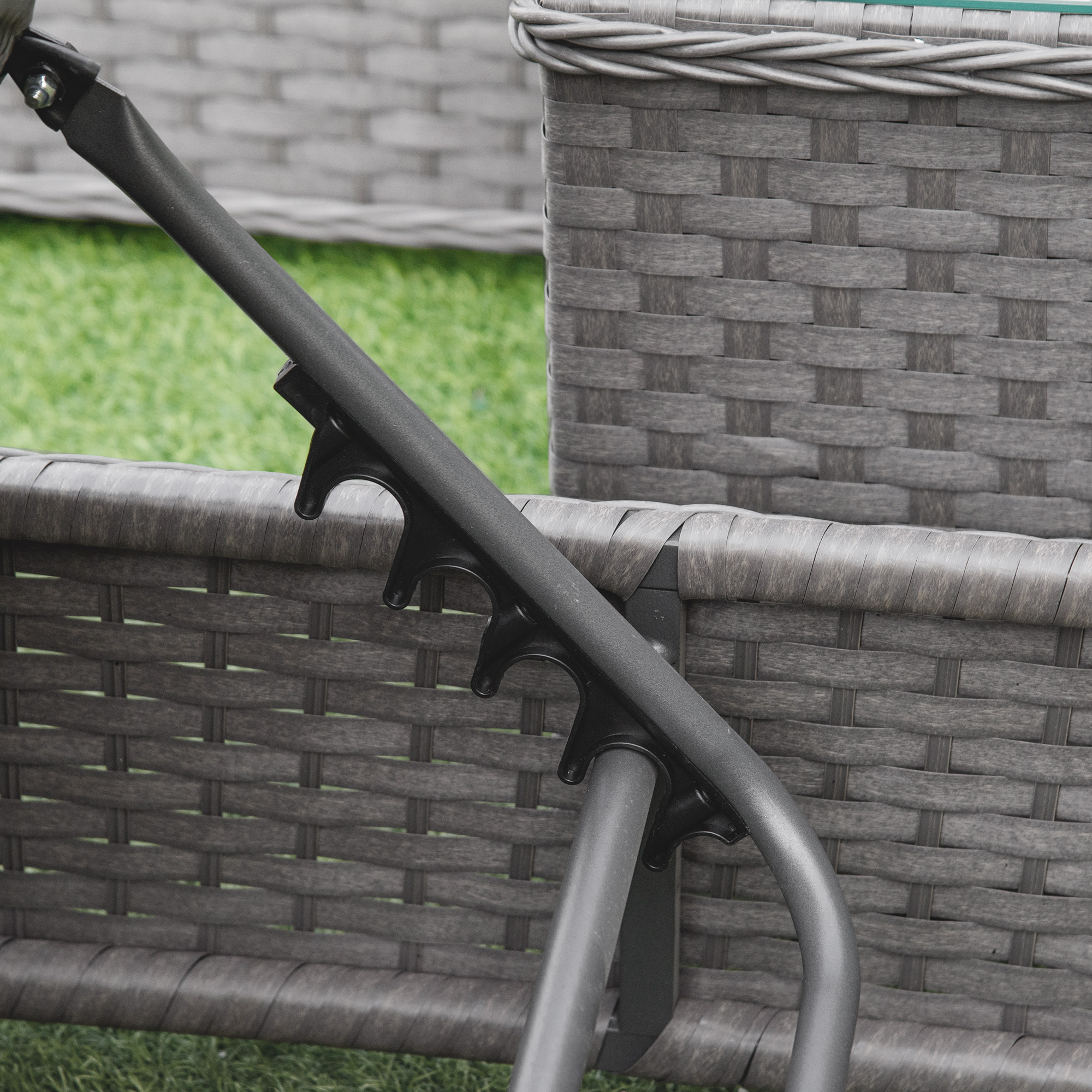 Outsunny 3 Pieces Rattan Sun Lounger Set with Aluminium Frame, 5-Position Adjustable Reclining Garden Chairs and Glass Top Table, Wicker Garden Furniture Daybed with Cushions for Patio, Grey 9