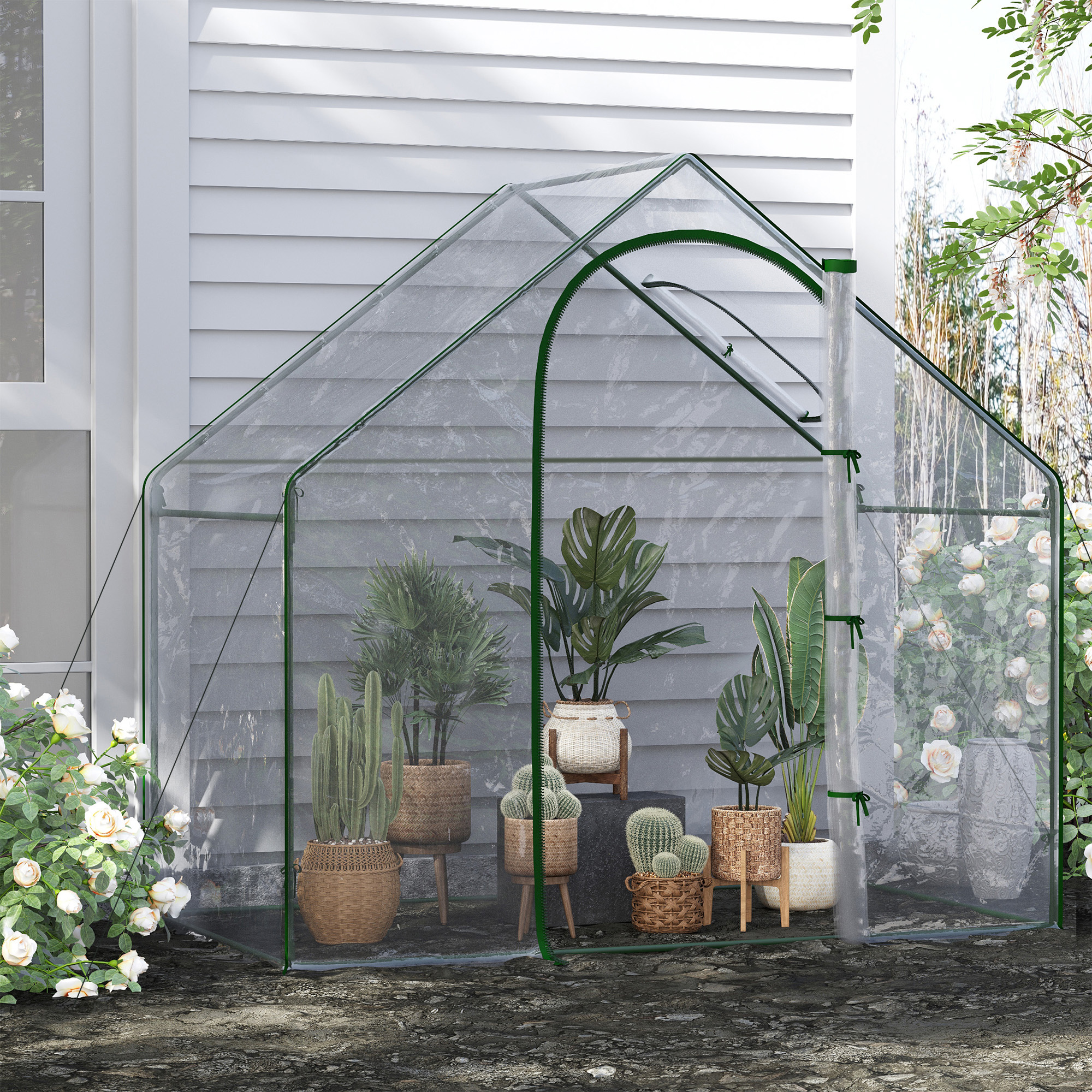 Outsunny Walk In Tomato Greenhouse Garden Outdoor Mini Greenhouse Flower Planter Steel Frame with Zipped Door & Window, PVC Cover, 180 x 100 x 168CM, Clear 2