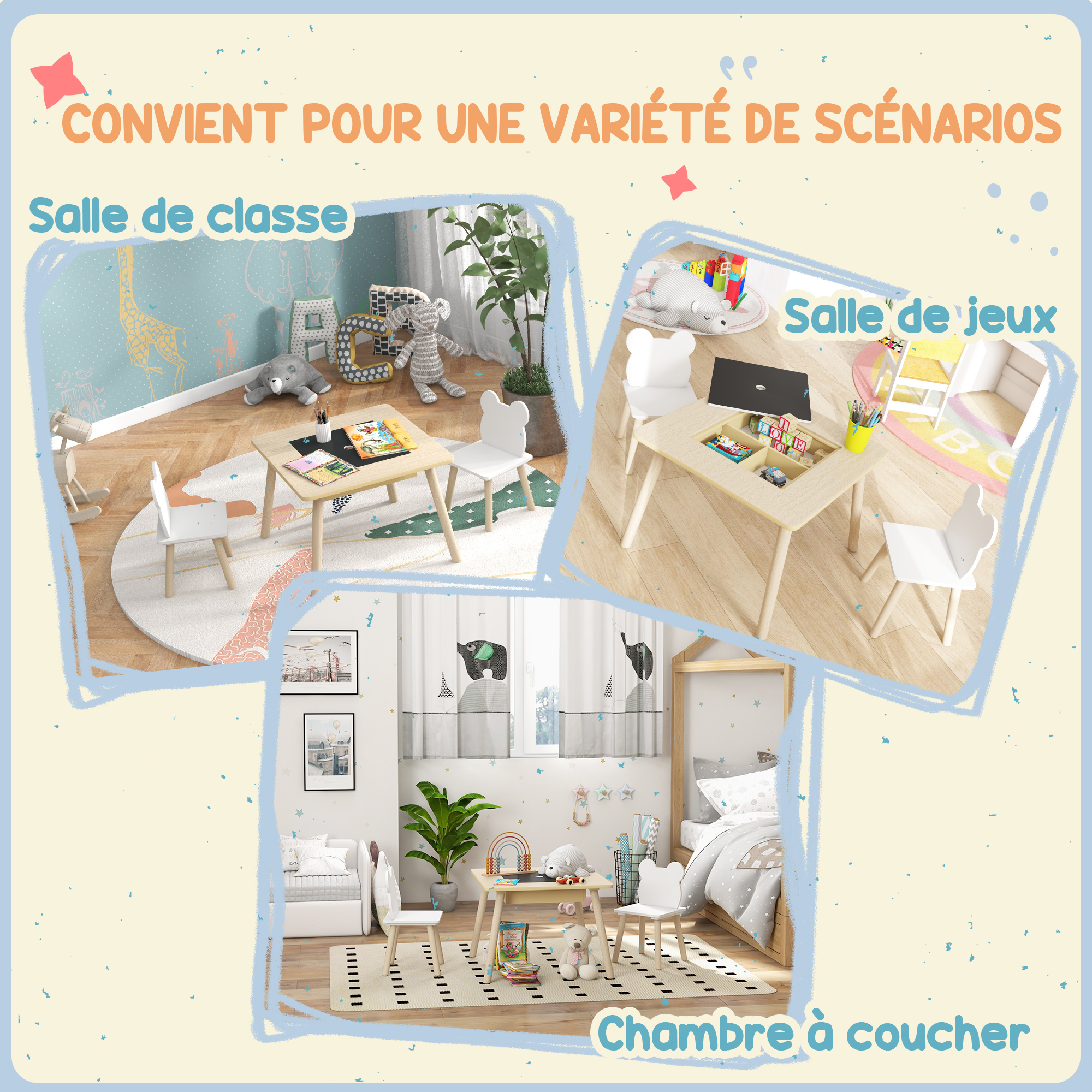 Table Et 2 Chaises Enfant En Bois AIYAPLAY - Avec Rouleau Papier Et Rangements, Gris
