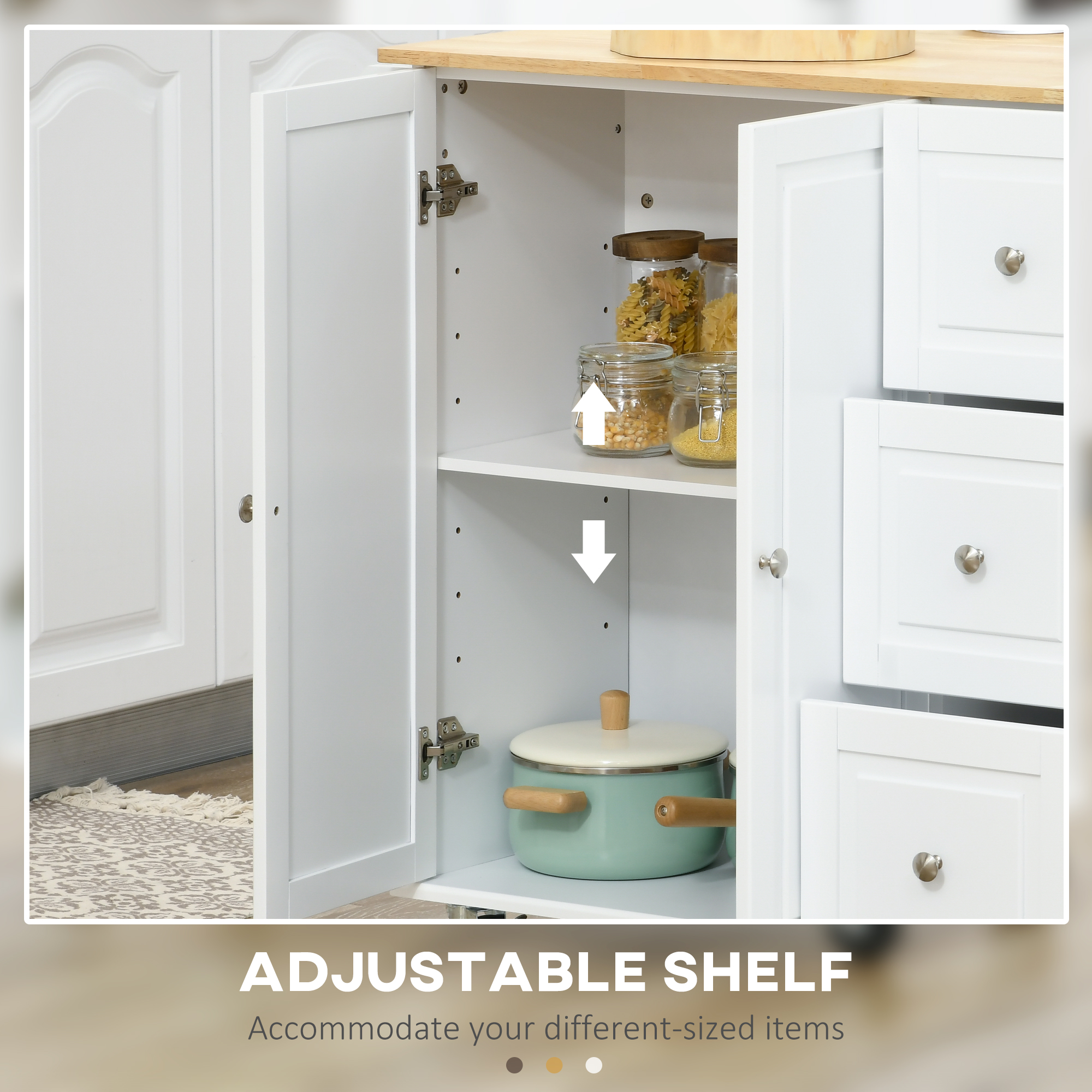 HOMCOM Kitchen Island with Drop Leaf, Rolling Kitchen Storage Trolley on Wheels with 3 Drawers, Spice Rack and Towel Rack, Storage Cart with Rubber Wood Top, White 7