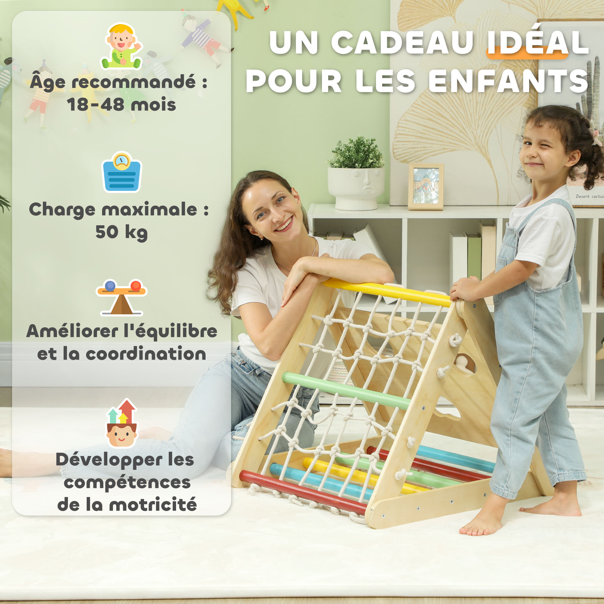 Arche d'escalade pour enfants - AIYAPLAY - pour enfants 18-48 mois - design 2 en 1 - surface lisse - charge 50 kg - bois naturel