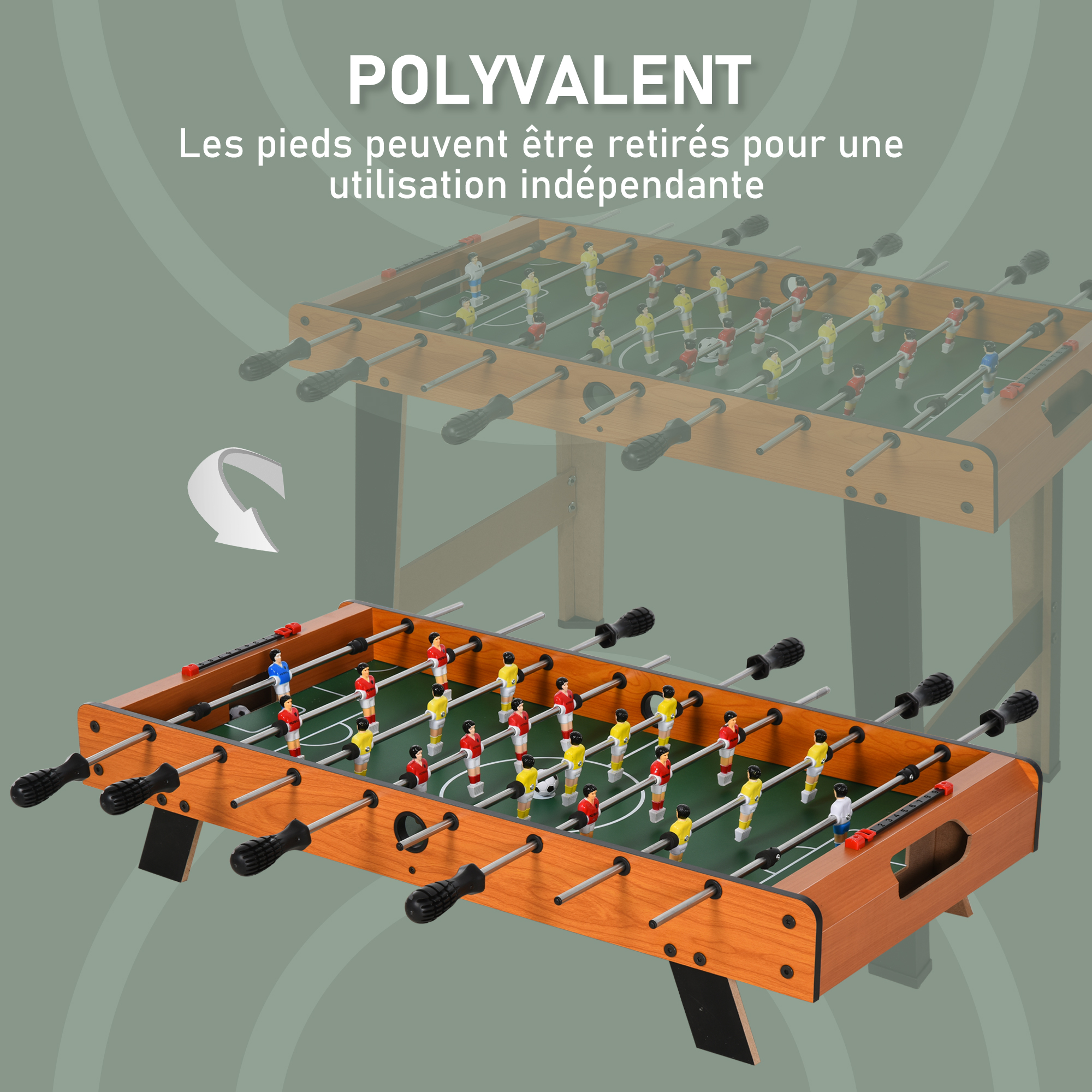 HOMCOM Baby-Foot, Table de babyfoot, avec 2 Tableaux d'affichage, 8 poignées, 2 balles, 22 Joueurs, 118 x 104 x 69 cm, Marron Clair