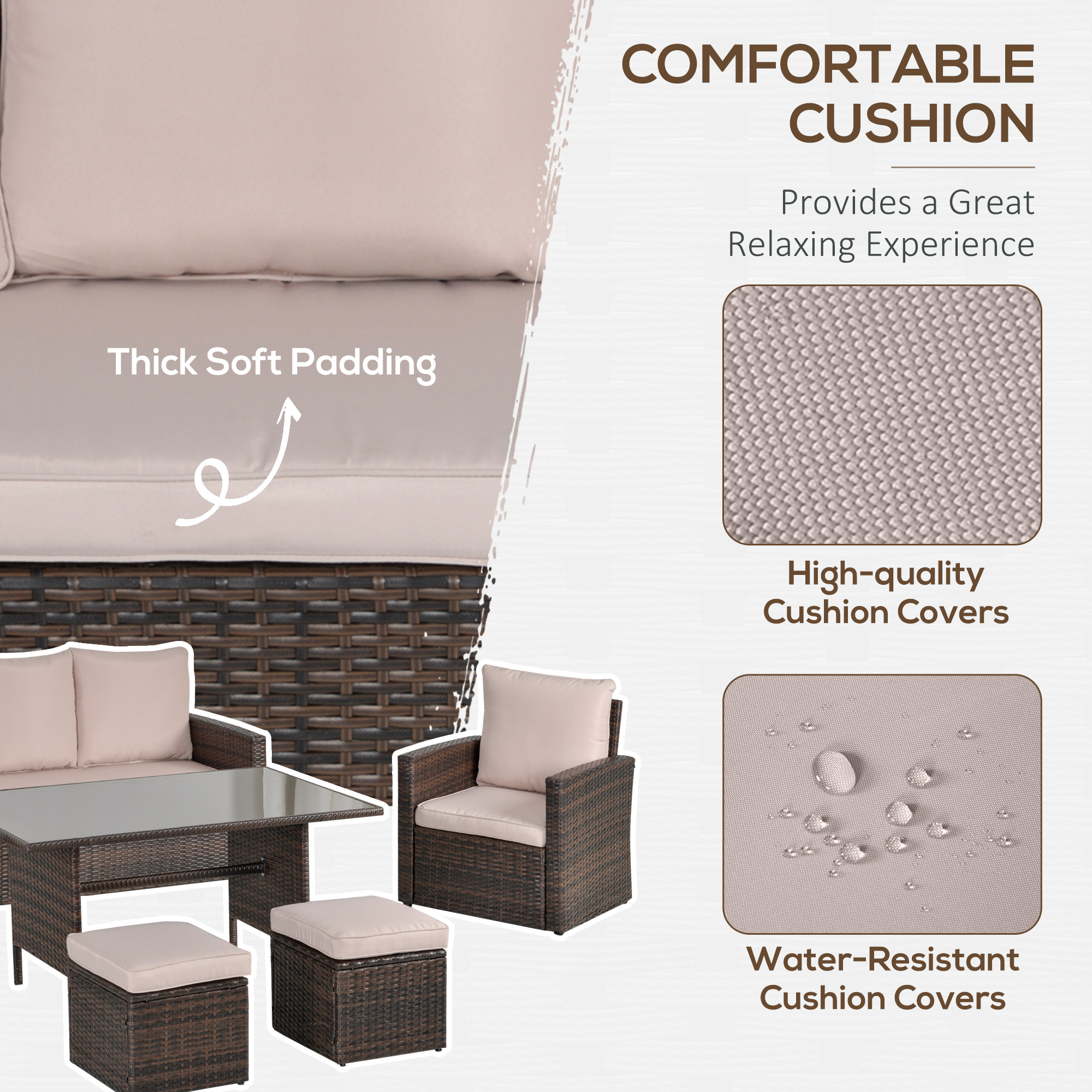 Outsunny Six-Piece Rattan Sofa Set, with Glass-Top Table Mixed Brown 5