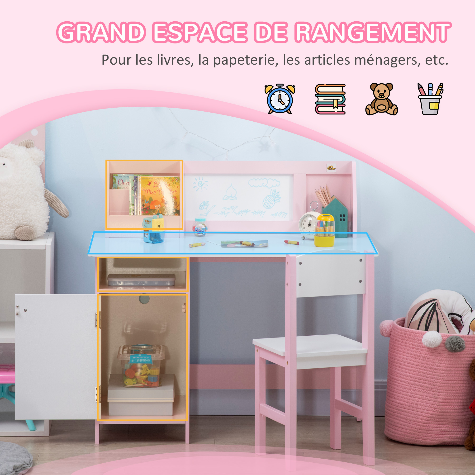 HOMCOM Ensemble Table Et Chaise Enfant Avec Tableau Blanc - Bureau Rose Pour Enfants Dès 5 Ans 90L X 45l X 85H Cm