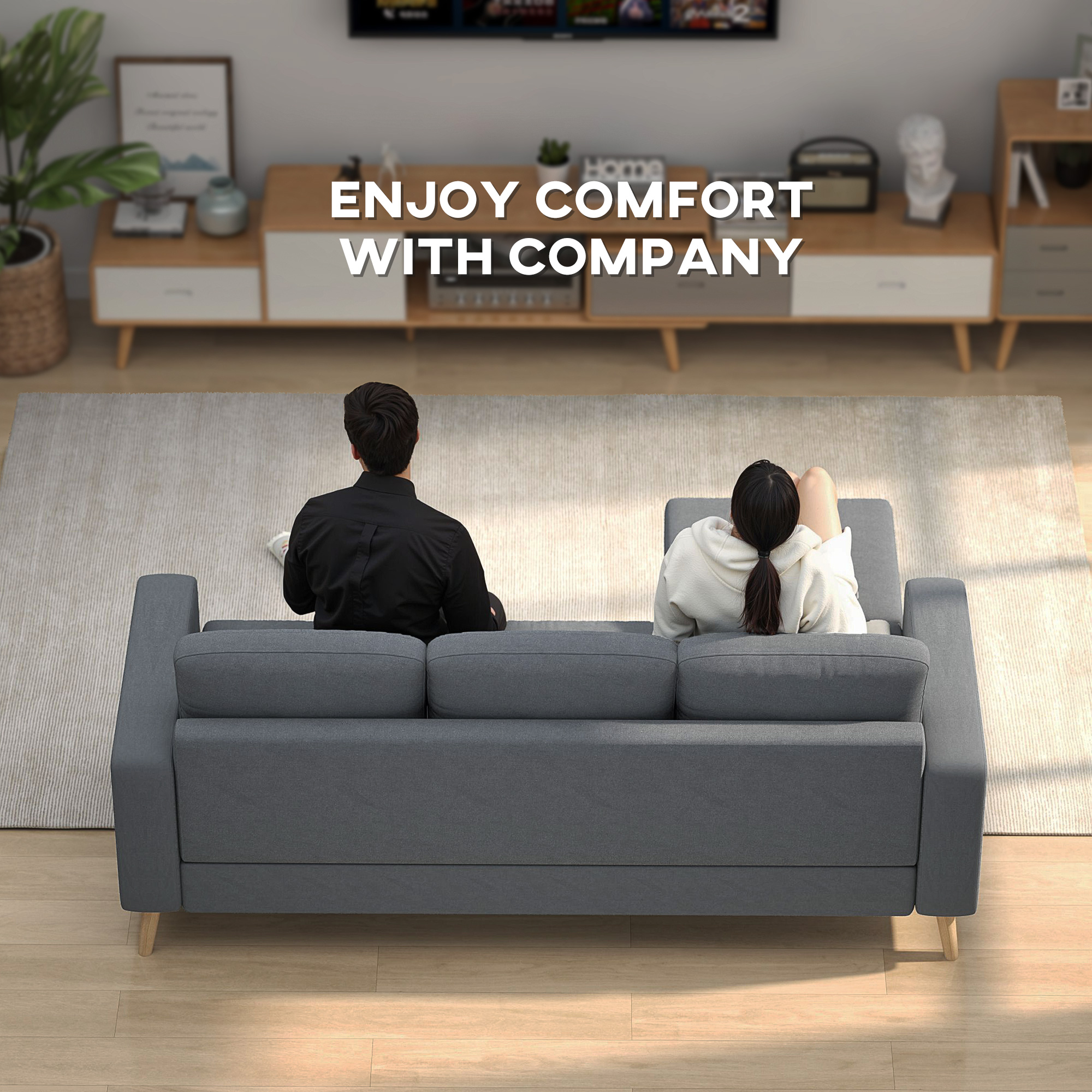HOMCOM 3 Seater Sofa with Footstool, Fabric L-Shaped Sofa, Sectional Couch with Wood Legs, Tufting Cushioned Back for Small Space, Living Room, Office, Dark Grey 7