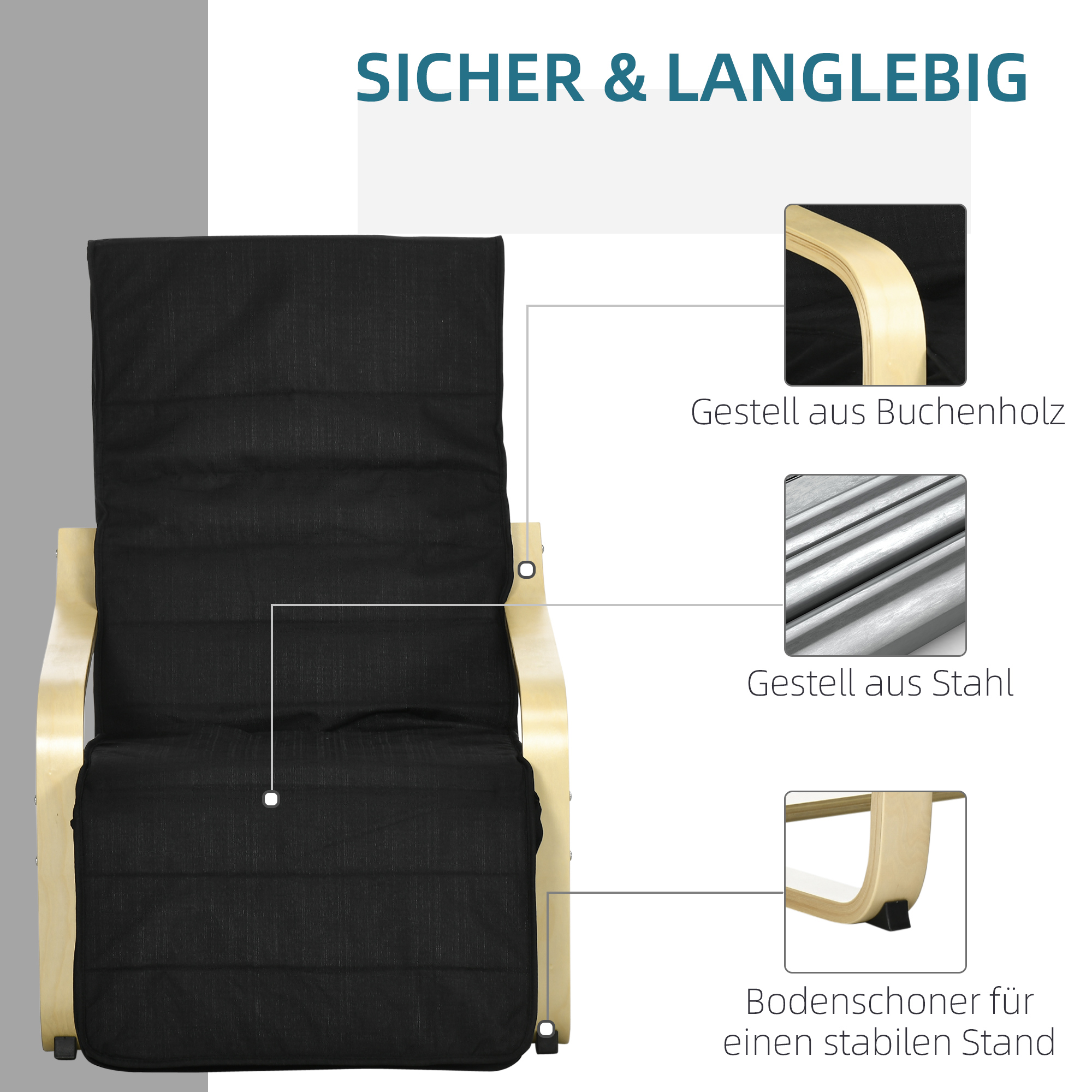 Lamav tugitool, reguleeritava jalatoega, padjaga, puit+must, 66,5 x 94 x 100 cm