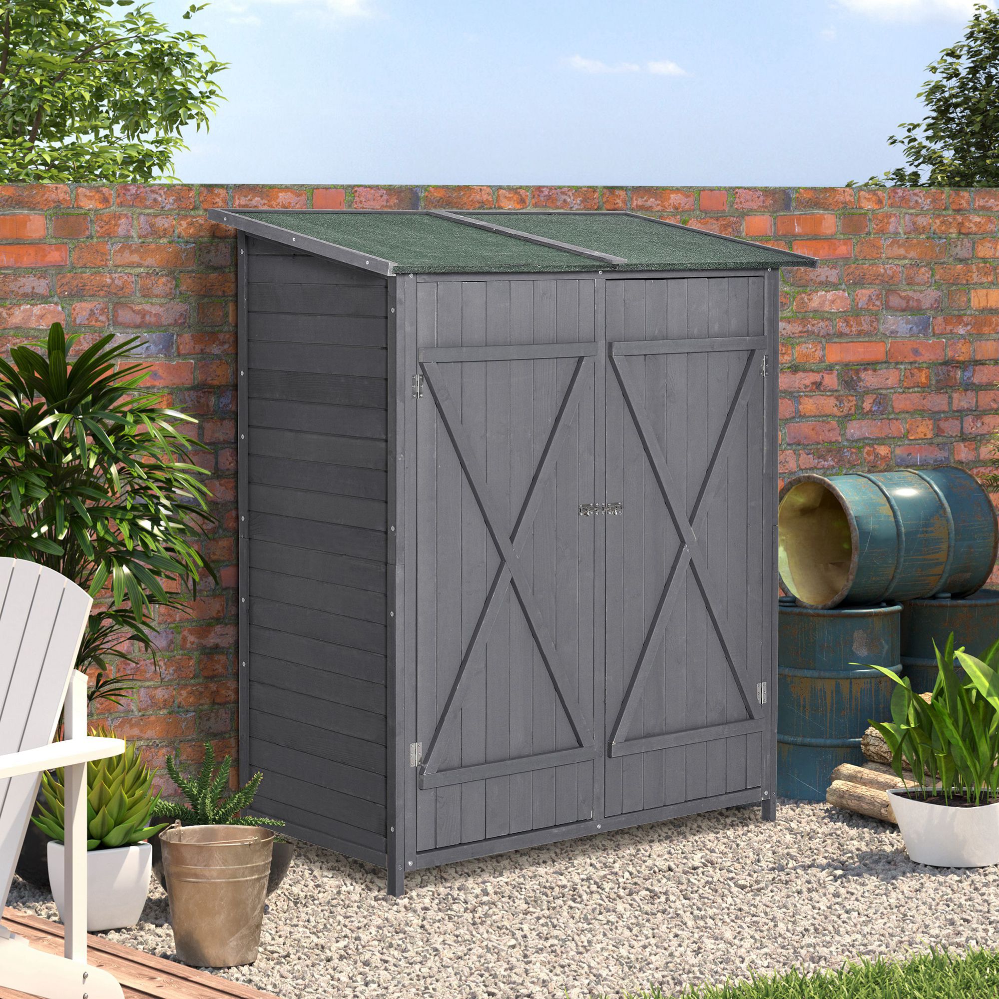 Outsunny 139 x 75 Fir Wood Garden Shed, with Asphalt Roof Grey 2