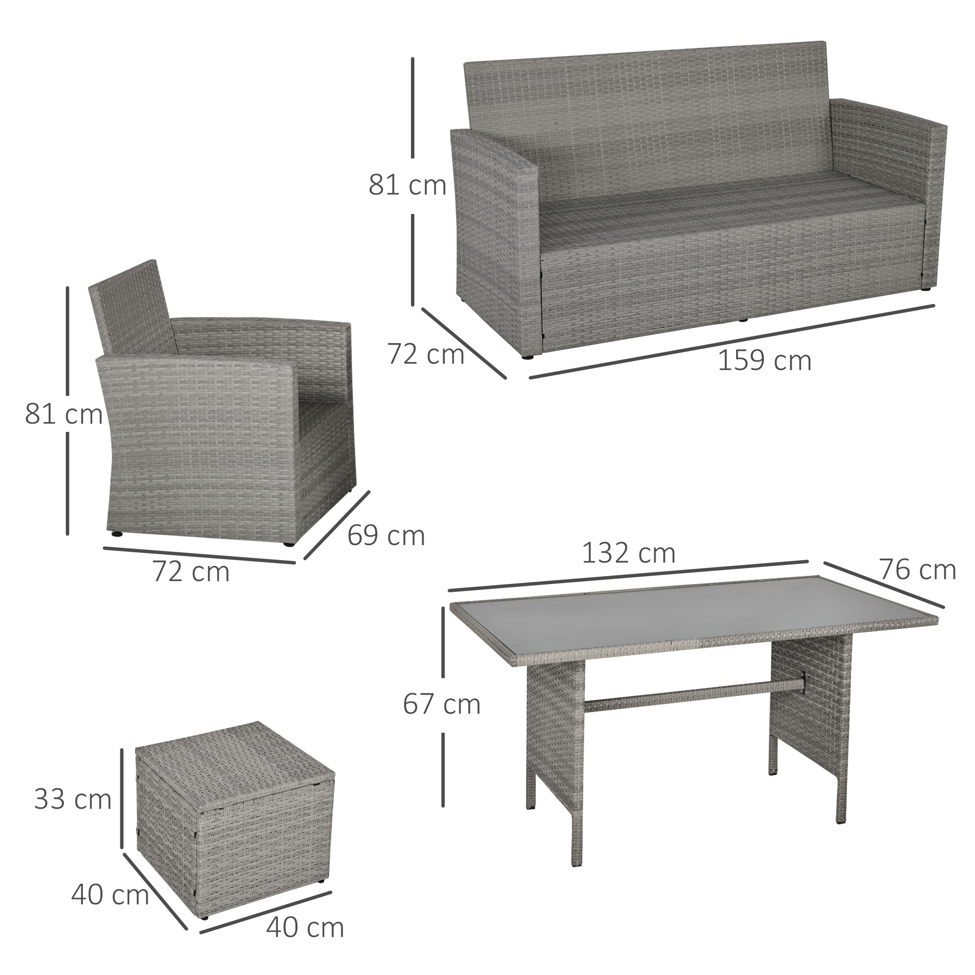 Outsunny Six-Piece Rattan Sofa Set, with Glass-Top Table Mixed Grey 3