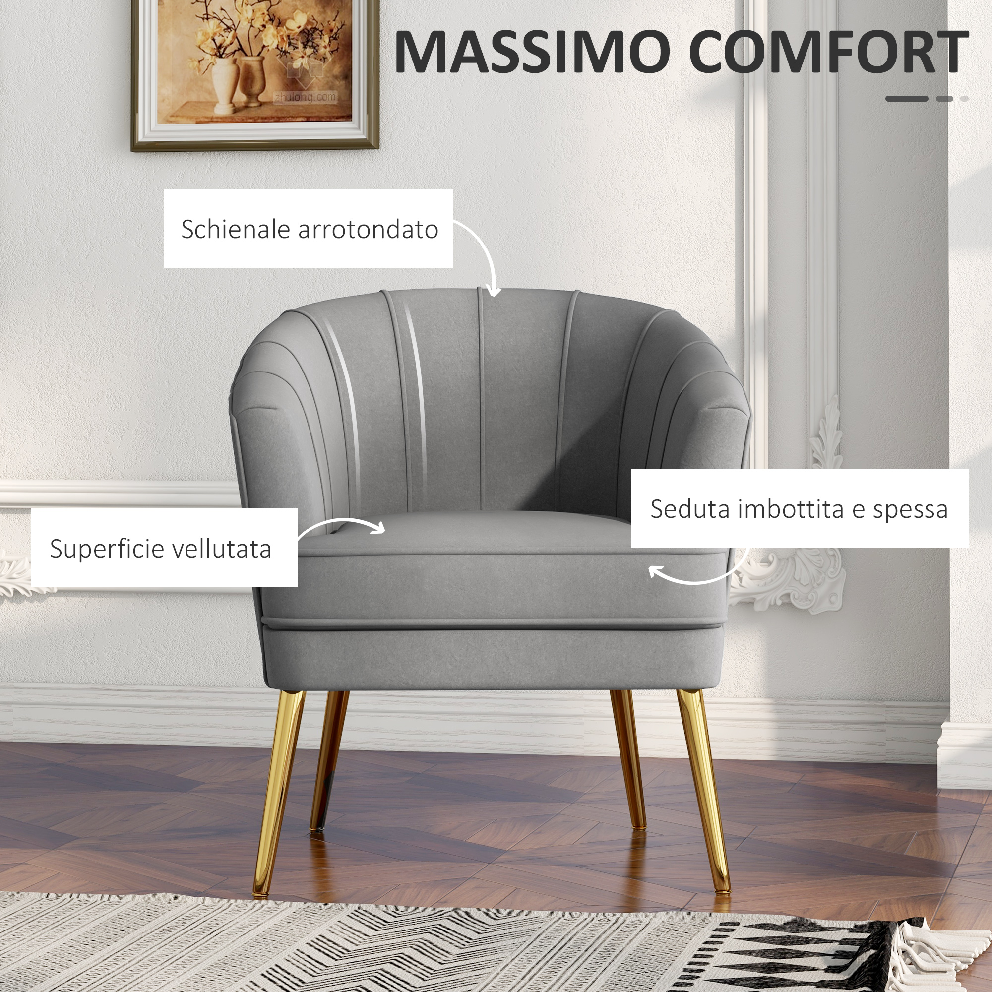 Sgabello Toeletta HOMCOM In Velluto E Legno - Grigio, Imbottito, Altezza Regolabile