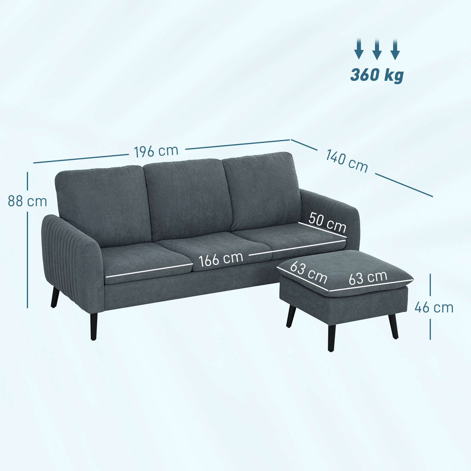 HOMCOM 3 Seater Sofa with Ottoman, 196cm Corduroy L-shaped Sofa Couch with Scatter Back, Reversible Chaise Lounge for Living Room, Home Office, Small Spaces, Charcoal Grey 3