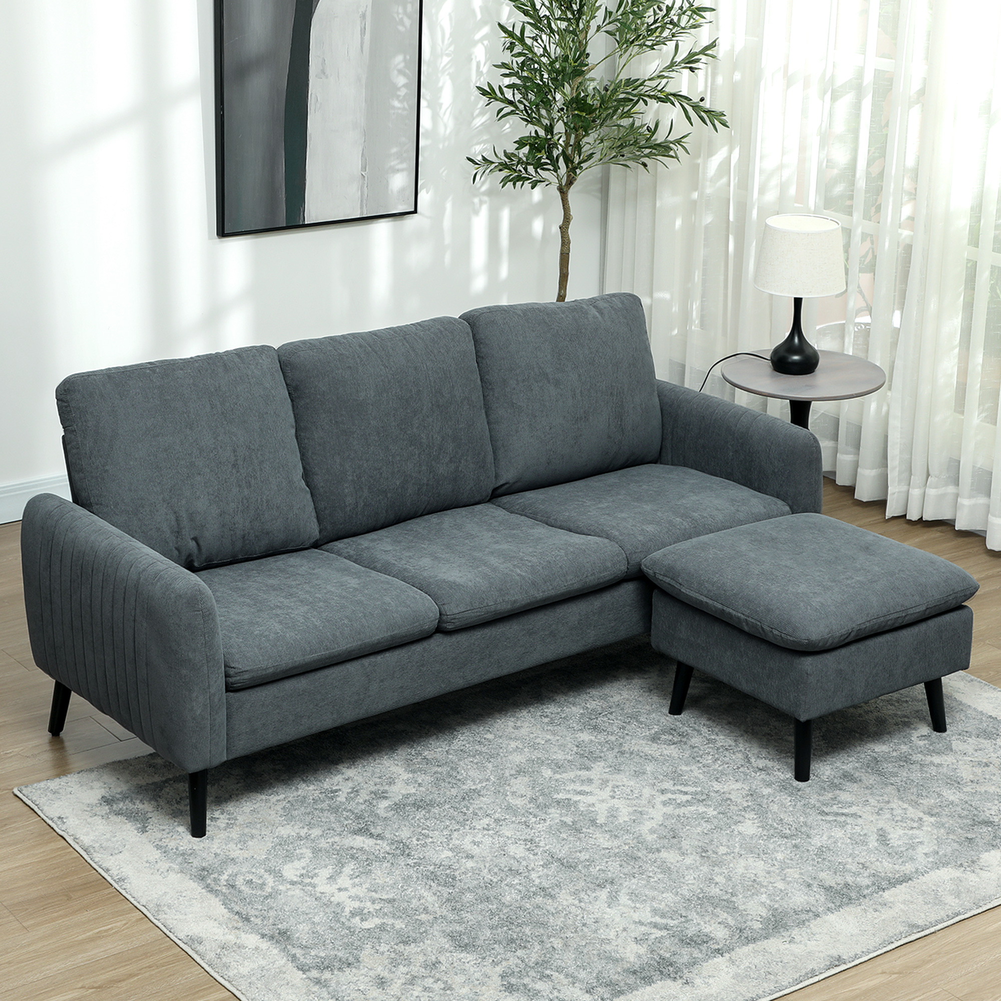 HOMCOM 3 Seater Sofa with Ottoman, 196cm Corduroy L-shaped Sofa Couch with Scatter Back, Reversible Chaise Lounge for Living Room, Home Office, Small Spaces, Charcoal Grey 2