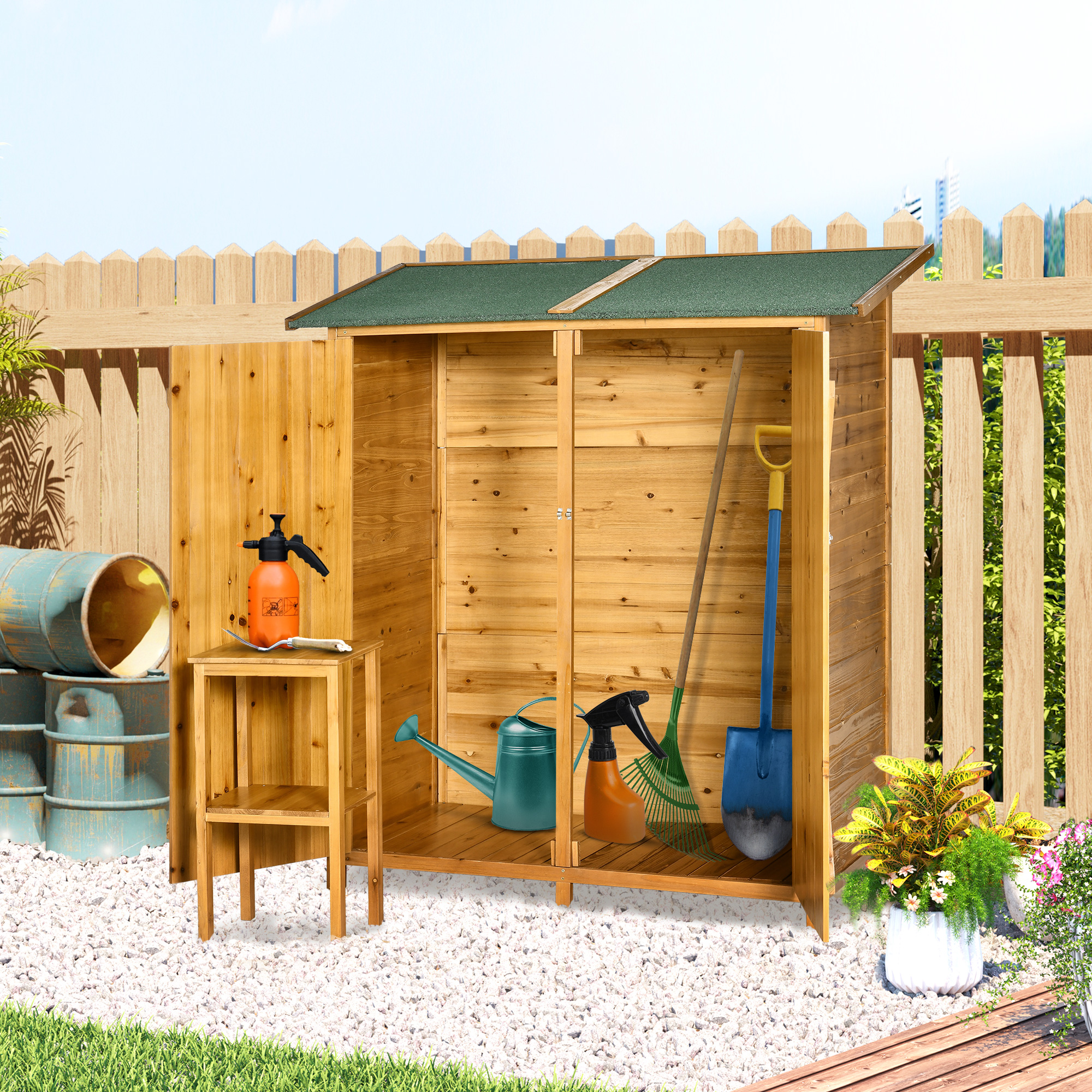 Outsunny 139 x 75 Fir Wood Garden Shed, with Asphalt Roof Natural 2