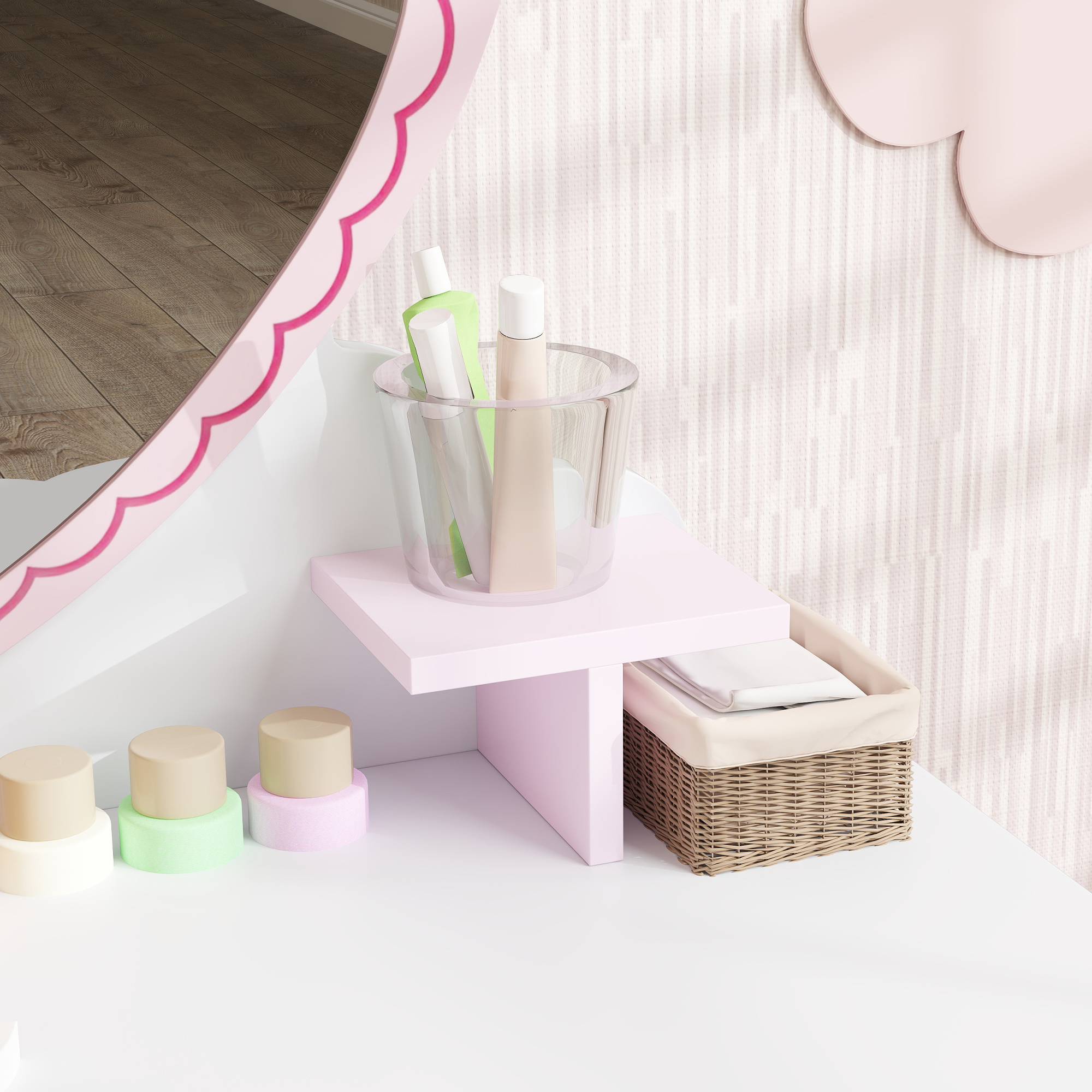 AIYAPLAY Kids Dressing Table Set, Vanity Table with Stool, Mirror, Drawer, Desktop Storage, Heart Theme, Pink 9