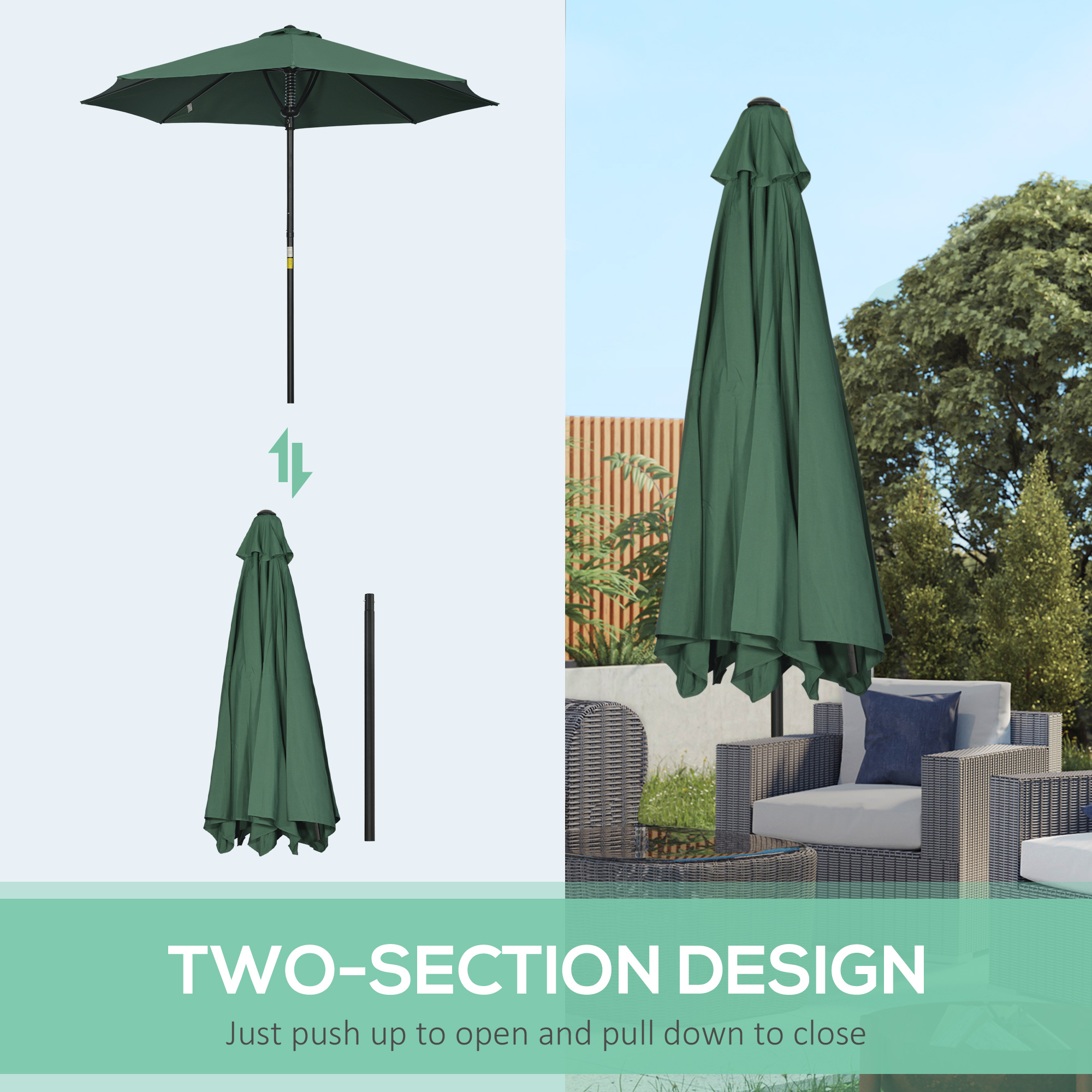 Outsunny Garden 3 m Parasol Umbrella, Outdoor Market Table Umbrella Sun Shade Canopy with 8 Ribs, Easy Push to Open, Green 7