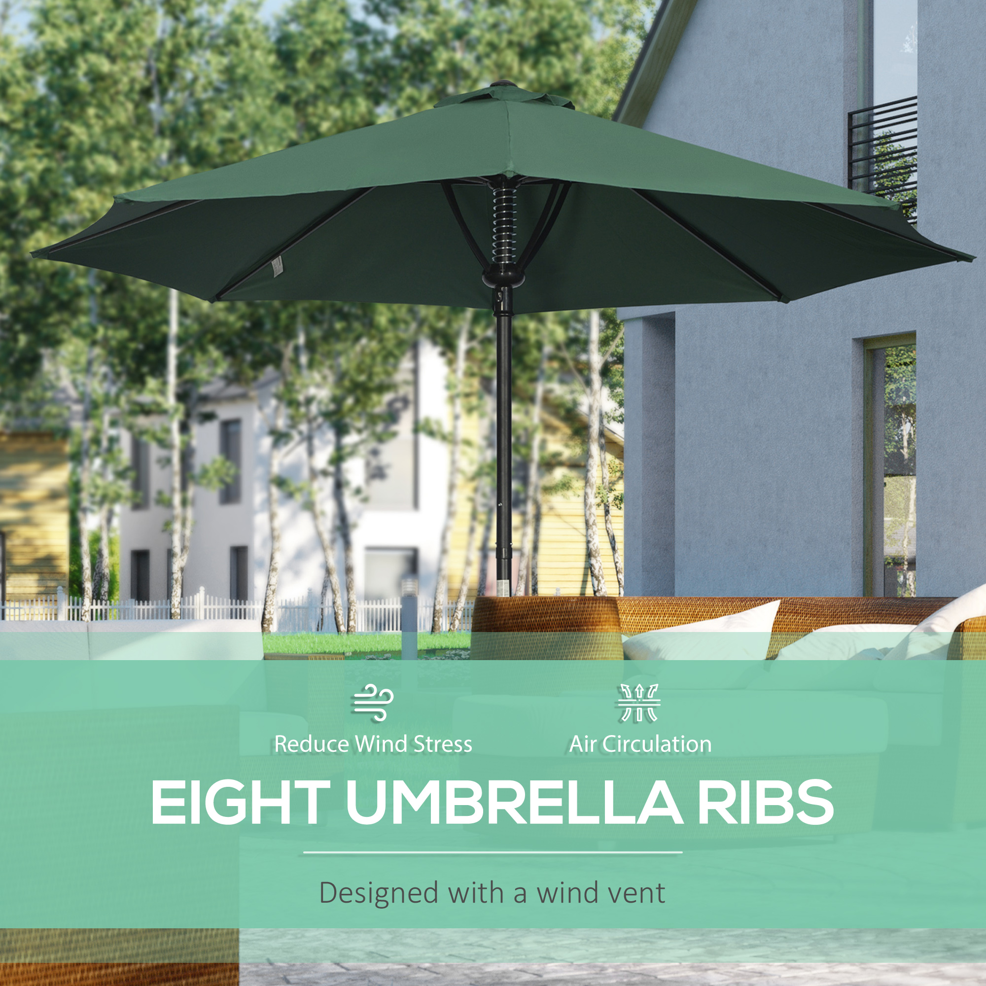 Outsunny Garden 3 m Parasol Umbrella, Outdoor Market Table Umbrella Sun Shade Canopy with 8 Ribs, Easy Push to Open, Green 4