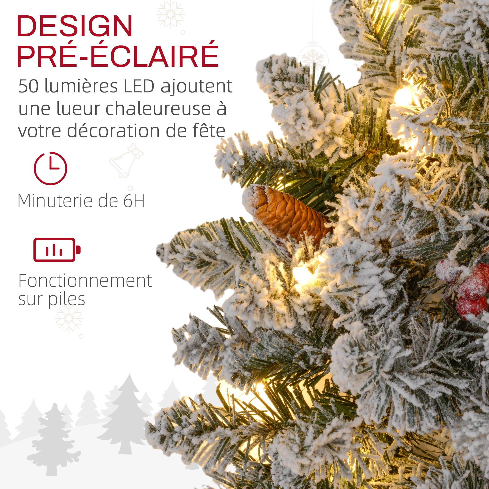 Couronne De Noël HOMCOM 60cm Lumineuse Avec Pommes De Pin Et Baies - Porte Givrée
