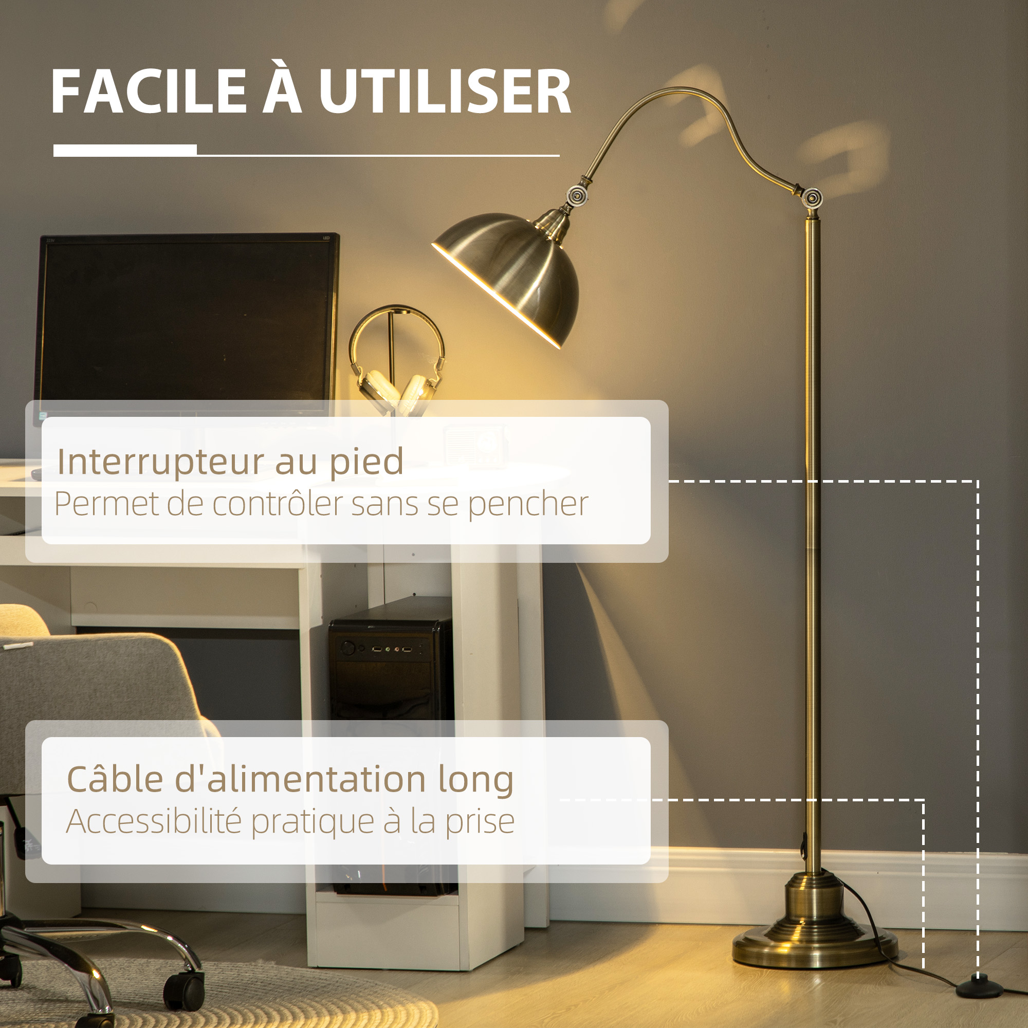 Lampadaire HOMCOM Avec étagères - Lampe LED Moderne à Luminosité Réglable, Pied Interrupteur, Pour Salon/chambre, Noir