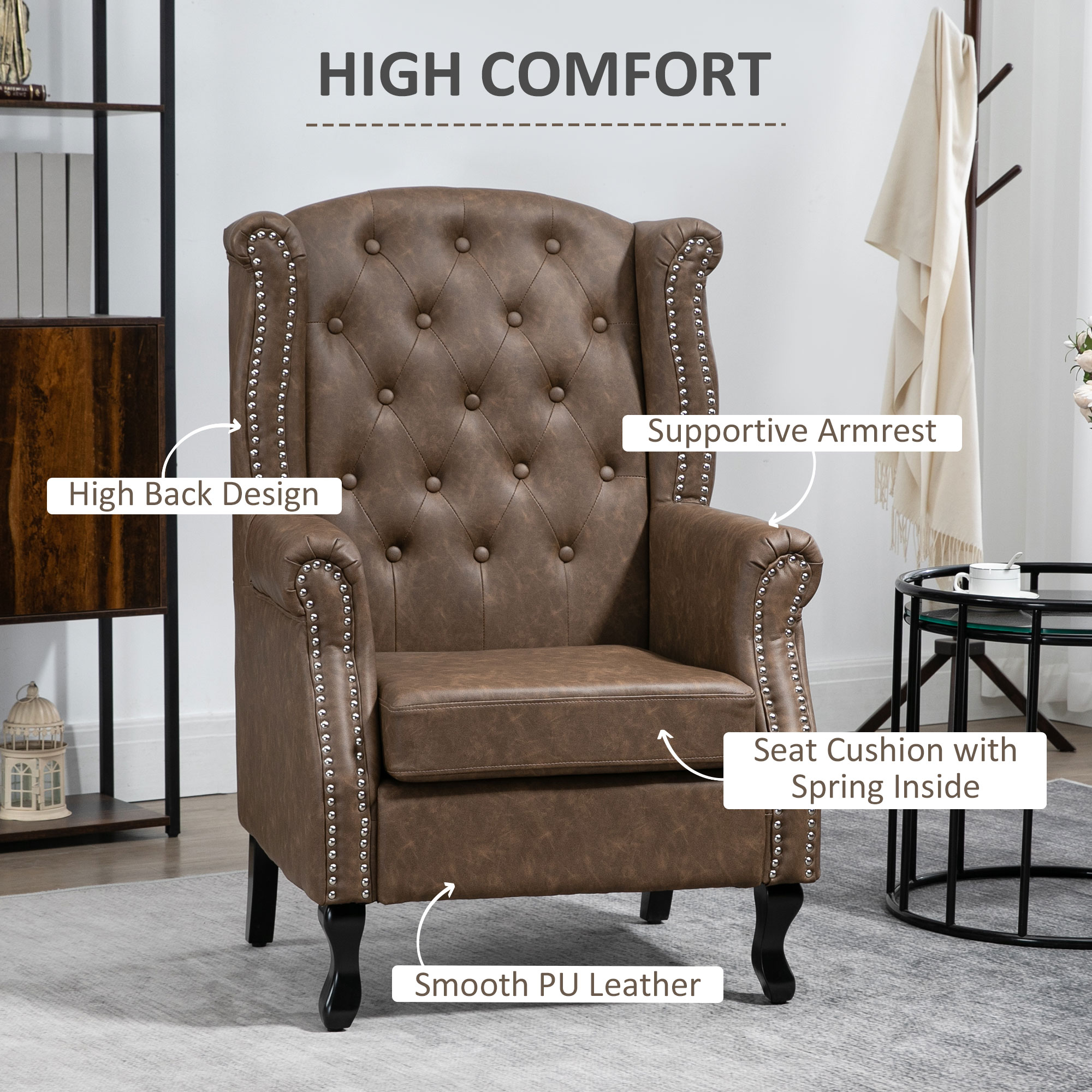 HOMCOM Wingback Accent Chair Tufted Chesterfield-style Armchair with Nail Head Trim for Living Room Bedroom Brown 4