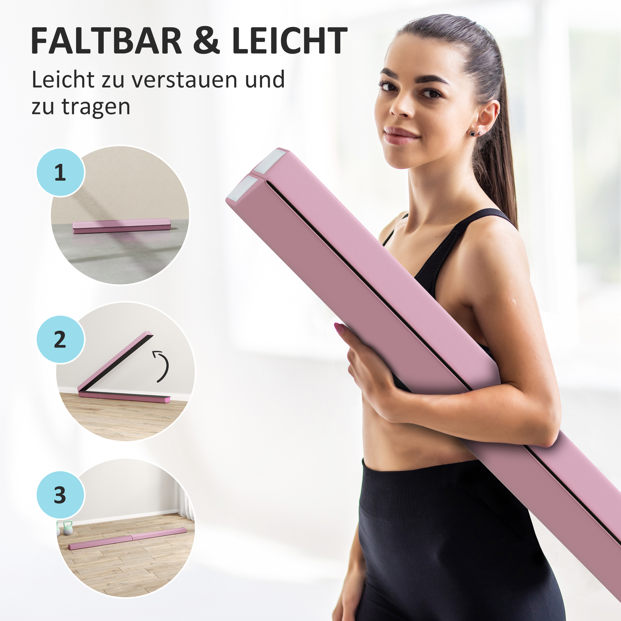 Tasakaalupoom 2,4 m, kokkupandav, libisemiskindla alusega, vanusele 3+, kuni 80 kg, roosa