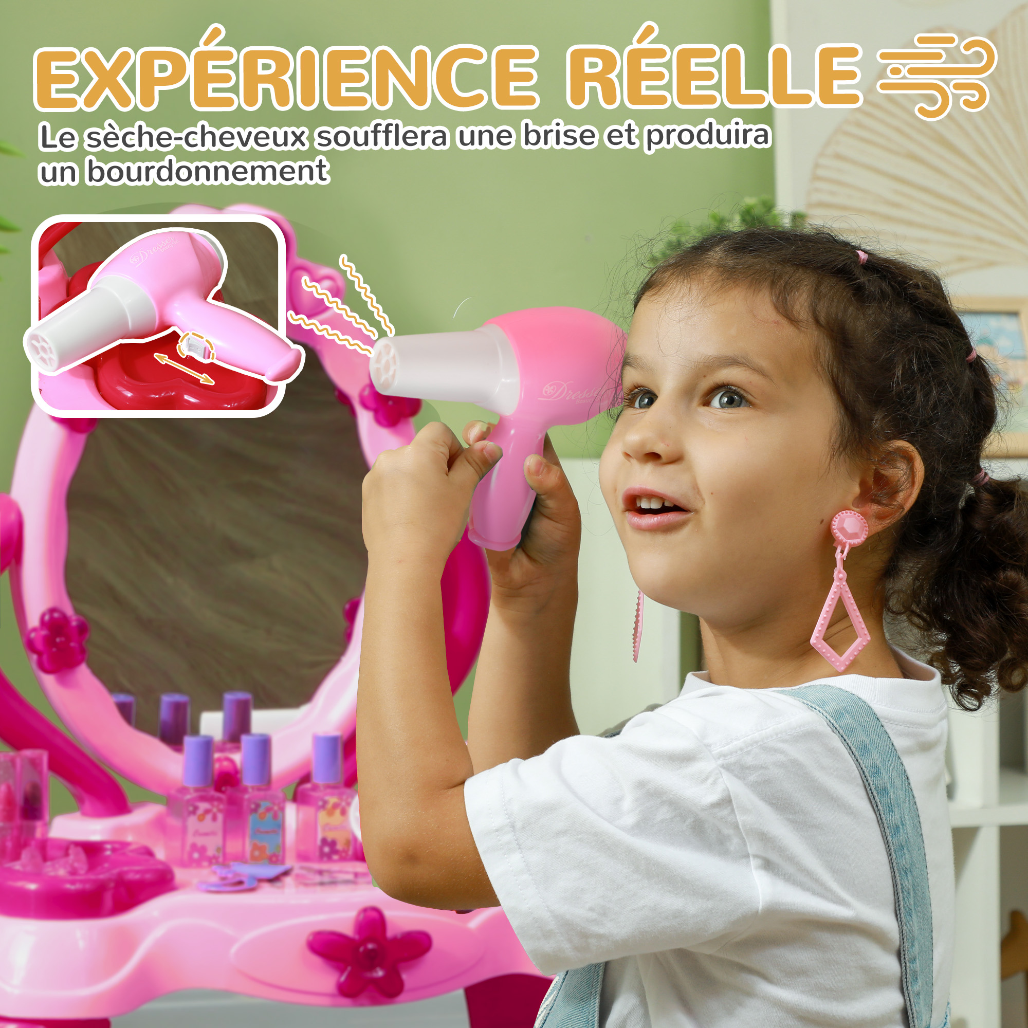 Coiffeuse Enfant Avec Miroir LED – Table De Maquillage Rose, Tiroir Et étagères, Bois MDF, Pour 3 à 8 Ans