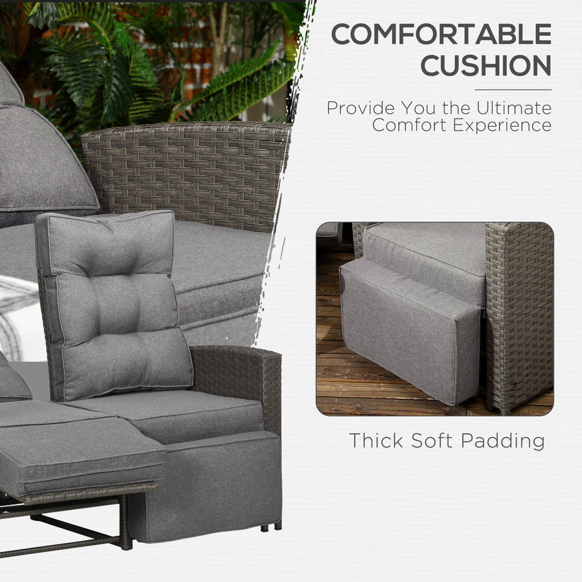 Outsunny 4 Piece Rattan Garden Furniture Set Outdoor Sofa Sectional Set with Glass Top Table for Poolside, Grey 5