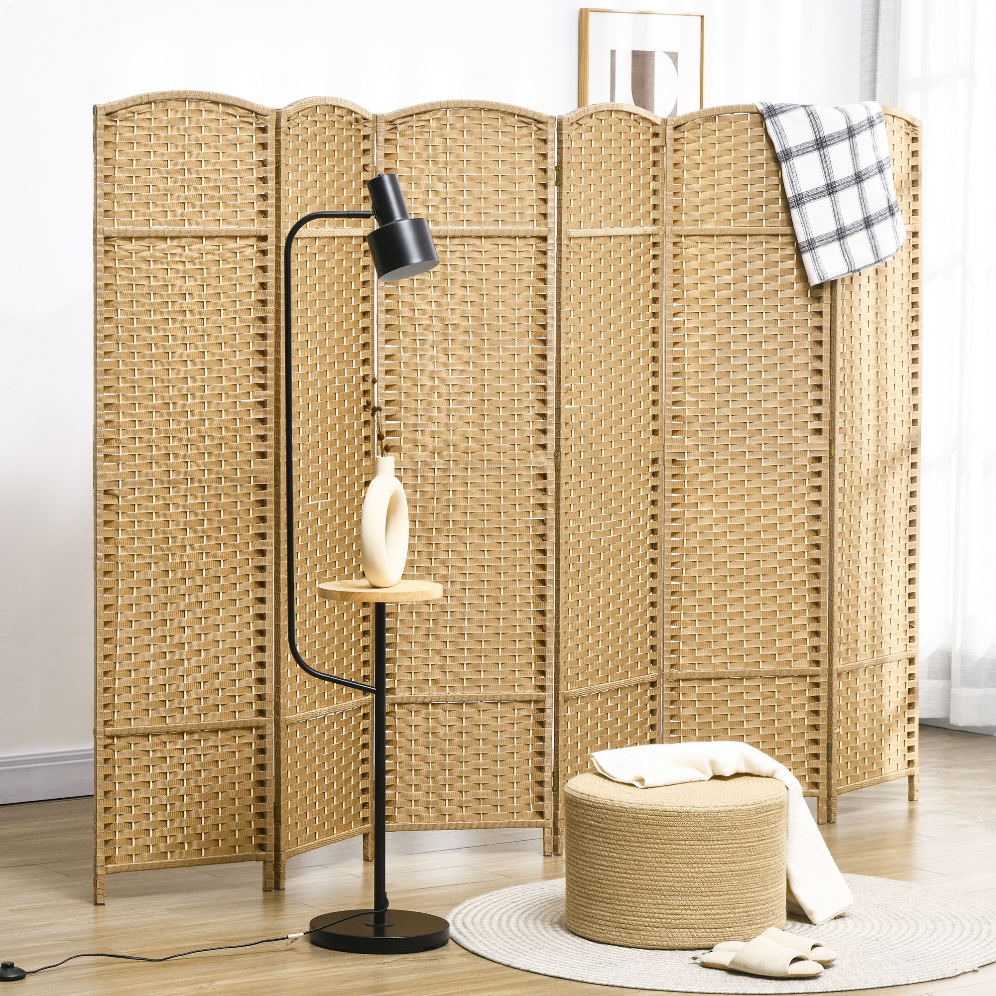 HOMCOM 6 Panel Folding Room Divider, Freestanding Privacy Screen for Living Room, Bedroom and Office, 240 x 170cm, Natural 2