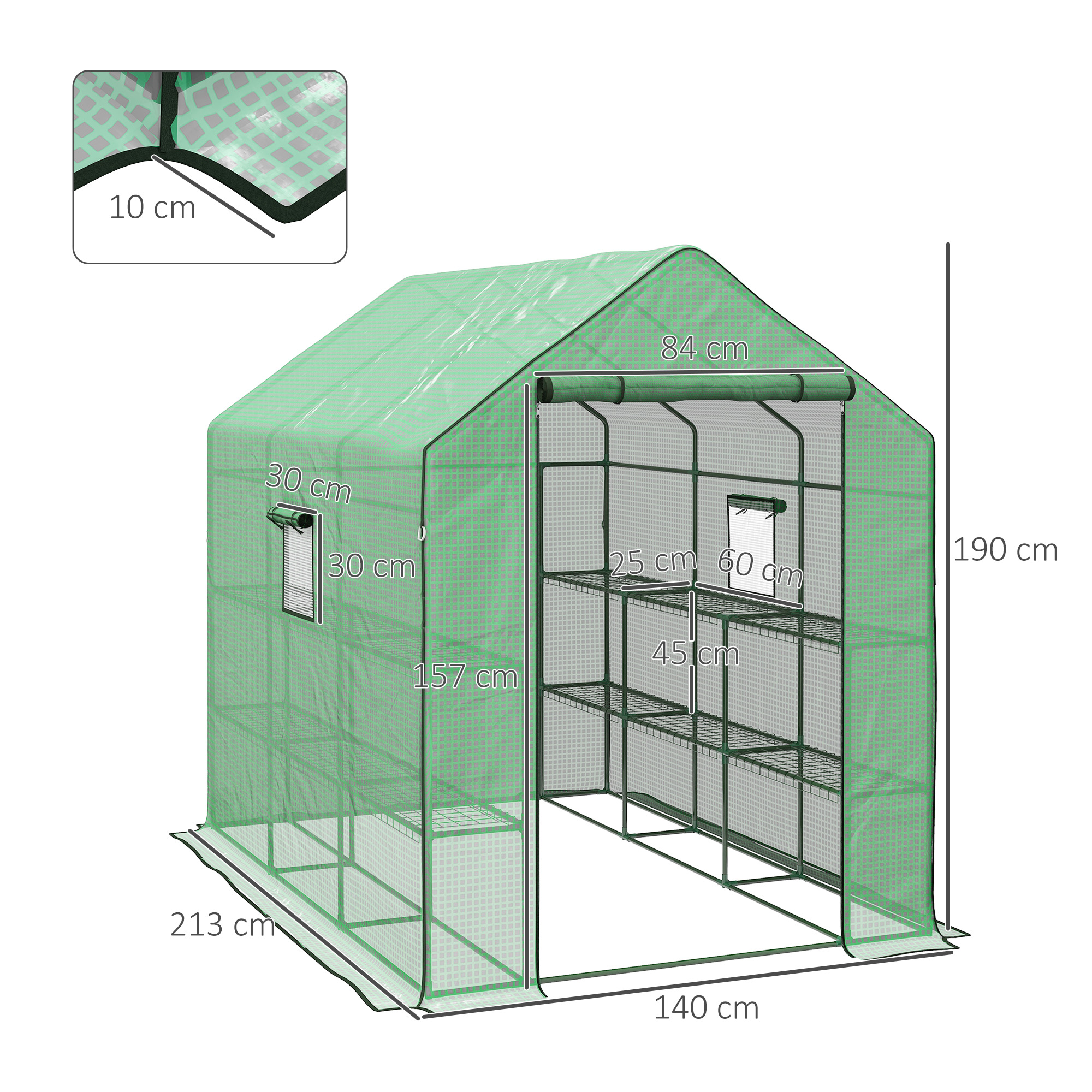 Outsunny Walk-in Greenhouse with 3 Tier 12 Shelves, Small Greenhouse with Reinforced PE Cover, Garden Plant Growhouse with Roll-up Door and Three Mesh Windows, 140 x 213 x 190 cm, Green 3