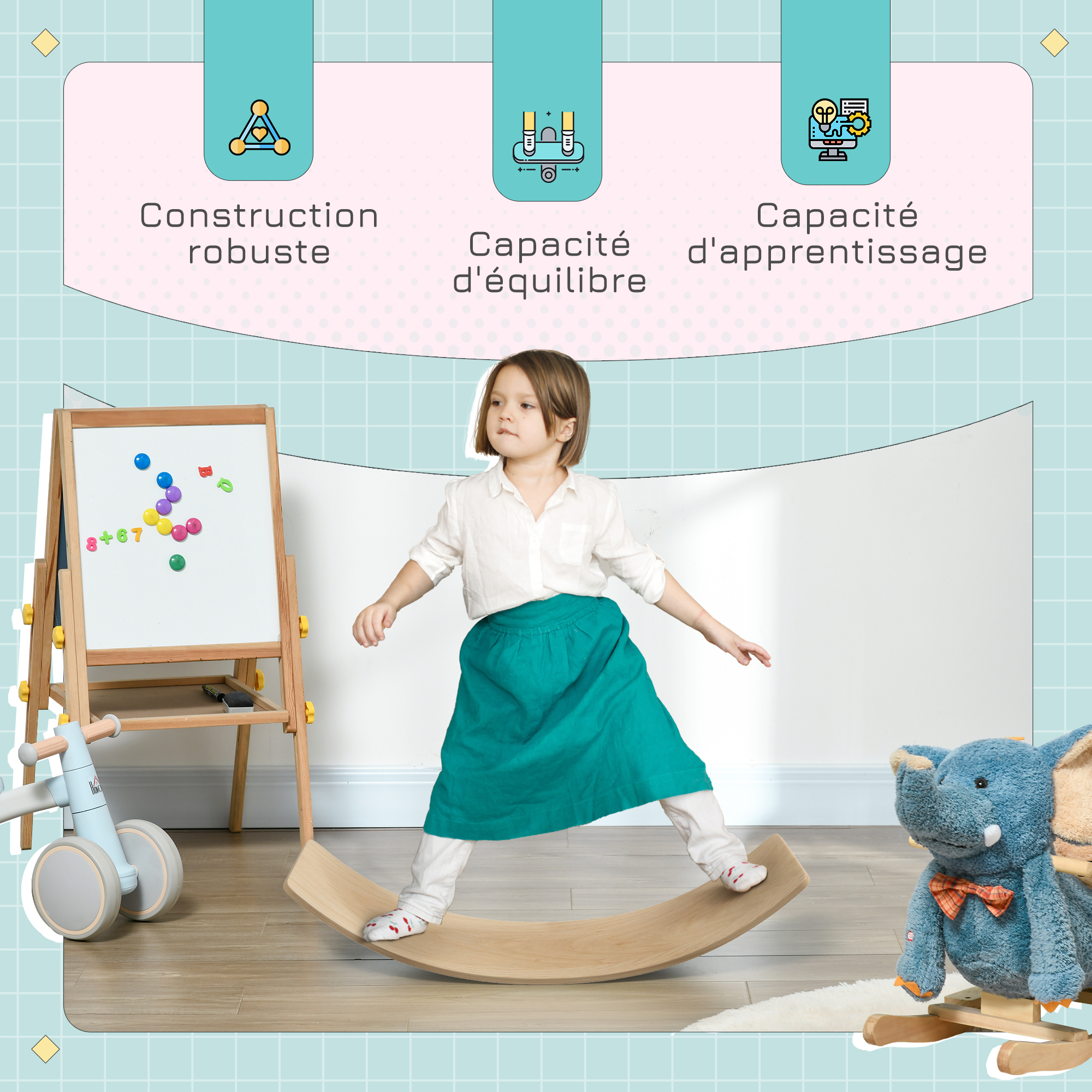 Planche D'équilibre AIYAPLAY En Bois – Pour Enfant De 3 à 8 Ans, Charge Max 50 Kg, 90x29x19 Cm, Naturelle, Sans Montage