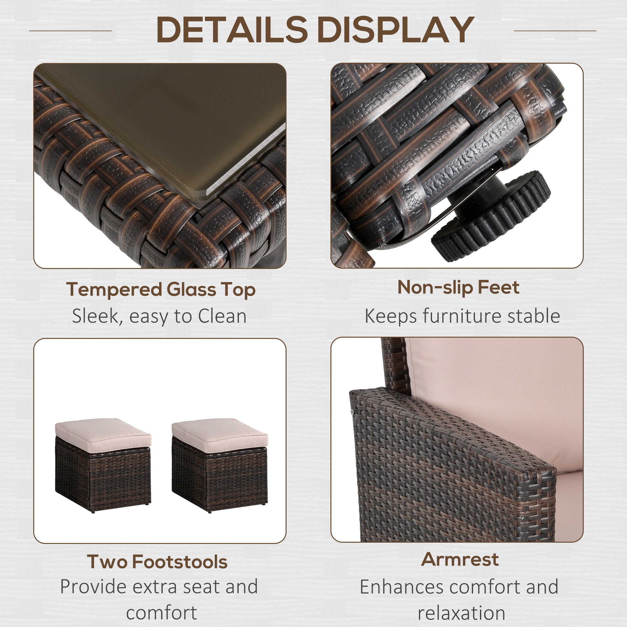 Outsunny Six-Piece Rattan Sofa Set, with Glass-Top Table Mixed Brown 6