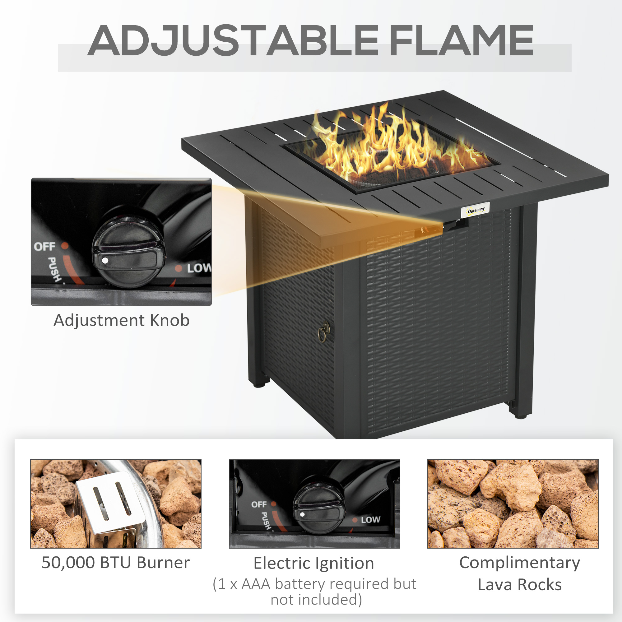 Outsunny Rattan-style Propane Gas Fire Pit Table with 40,000 BTU Burner, Square Smokeless Firepit Patio Heater with Thermocouple, Lava Rocks, Waterproof Cover, Spark Guard and Lid, Black 5