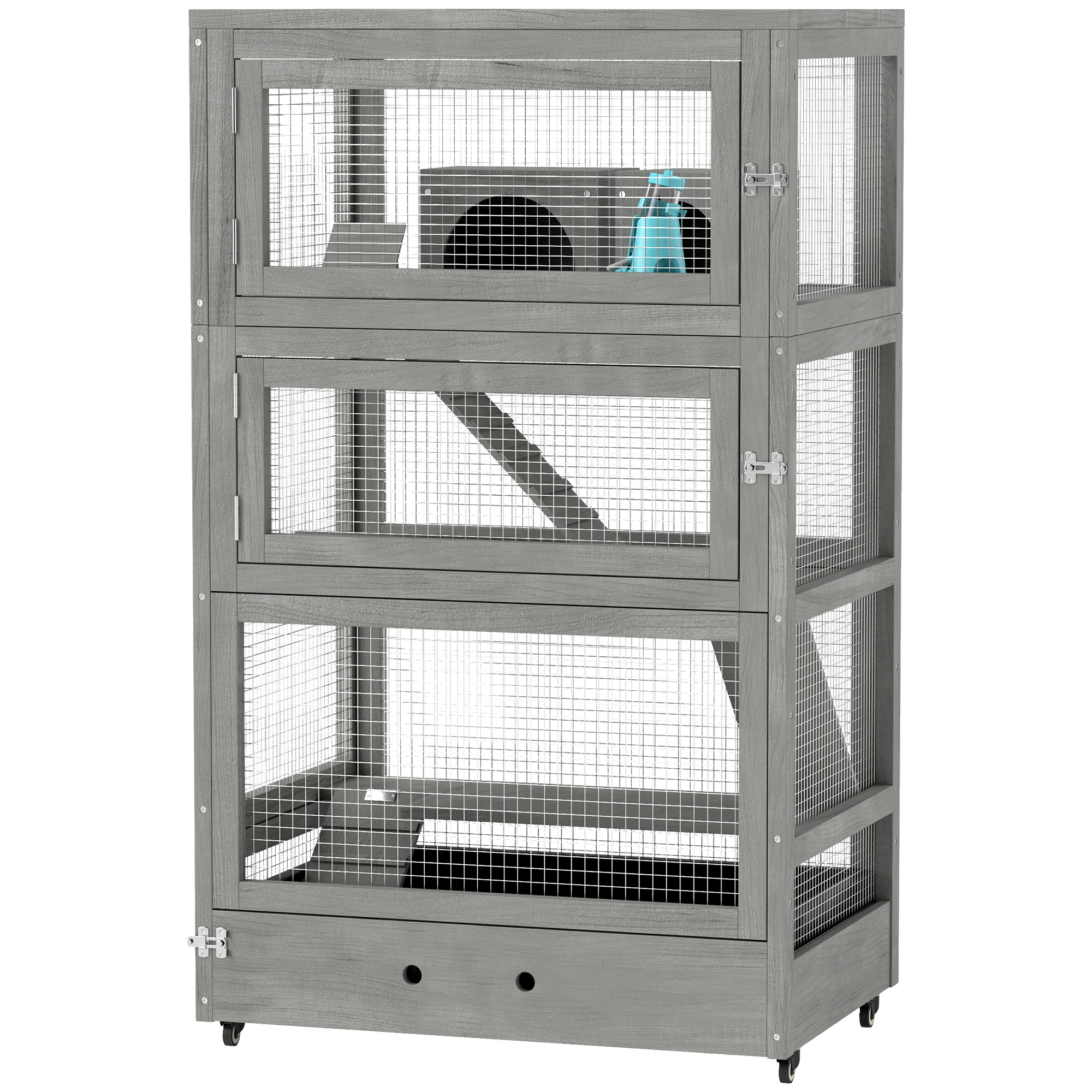 Meilleurs prix pour PawHut Cage pour hamster en bois à quatre niveaux, avec cabanes, bascule, bols d'alimentation, rampes, roulettes, 65 x 45 x 109 cm, Gris