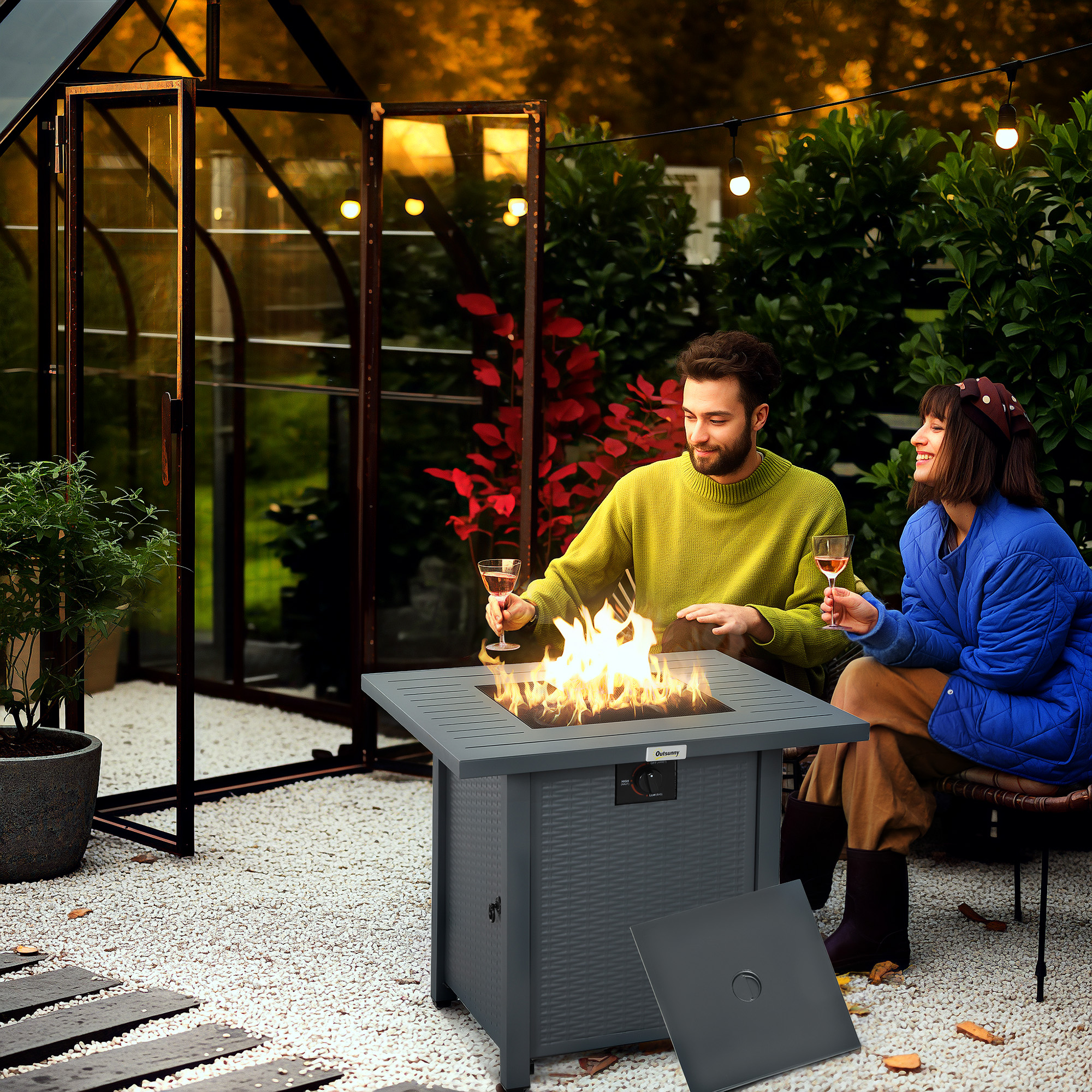 Outsunny Rattan-style Propane Gas Fire Pit Table with 40,000 BTU Burner, Square Smokeless Firepit Patio Heater with Thermocouple, Lava Rocks, Waterproof Cover, Spark Guard and Lid, Grey 2