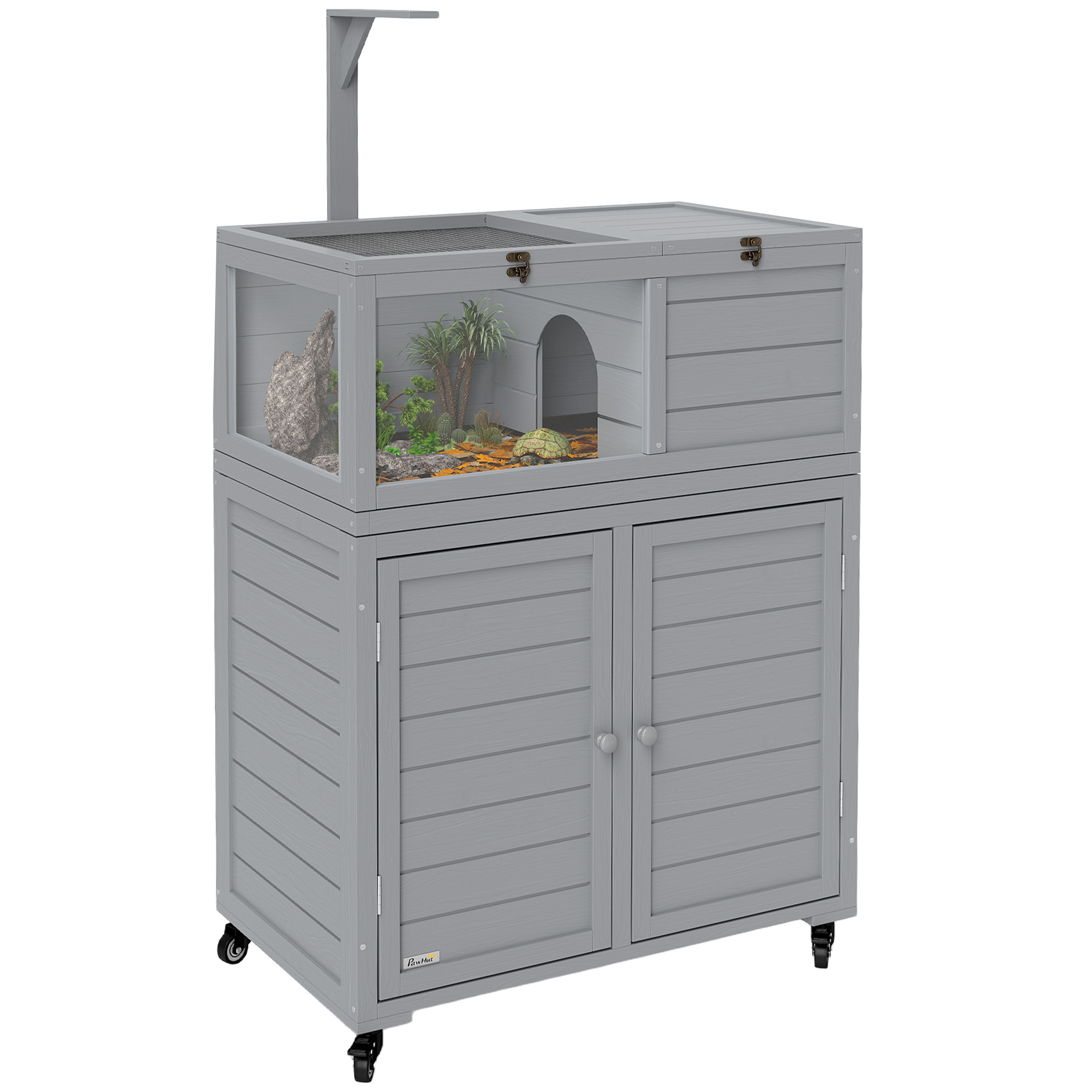 PawHut Wooden Tortoise House with Storage Shelf, Clear Observation Windows, Lamp Holder, Openable Top, Built-in Tray, Yellow