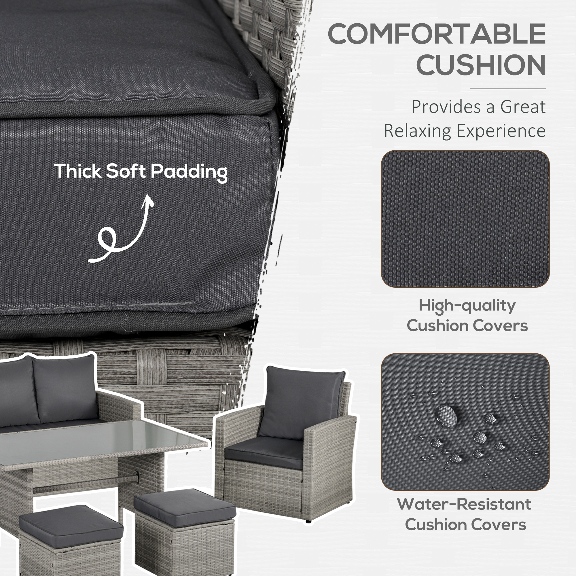 Outsunny Six-Piece Rattan Sofa Set, with Glass-Top Table Mixed Grey 5